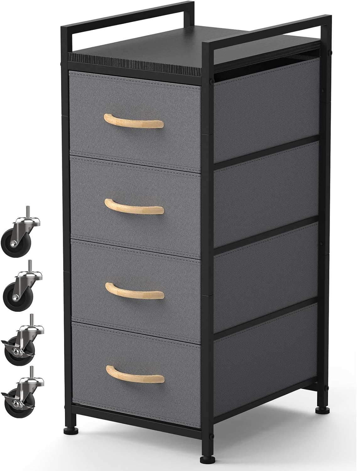 DOMYDEVM 4 Tier Drawer Closet Organizer Tower Clothing Storage Drawers Small Black Nightstand Fabric Organizer Unit with Wooden Top for Bedroom, Living Room, Nursery Room