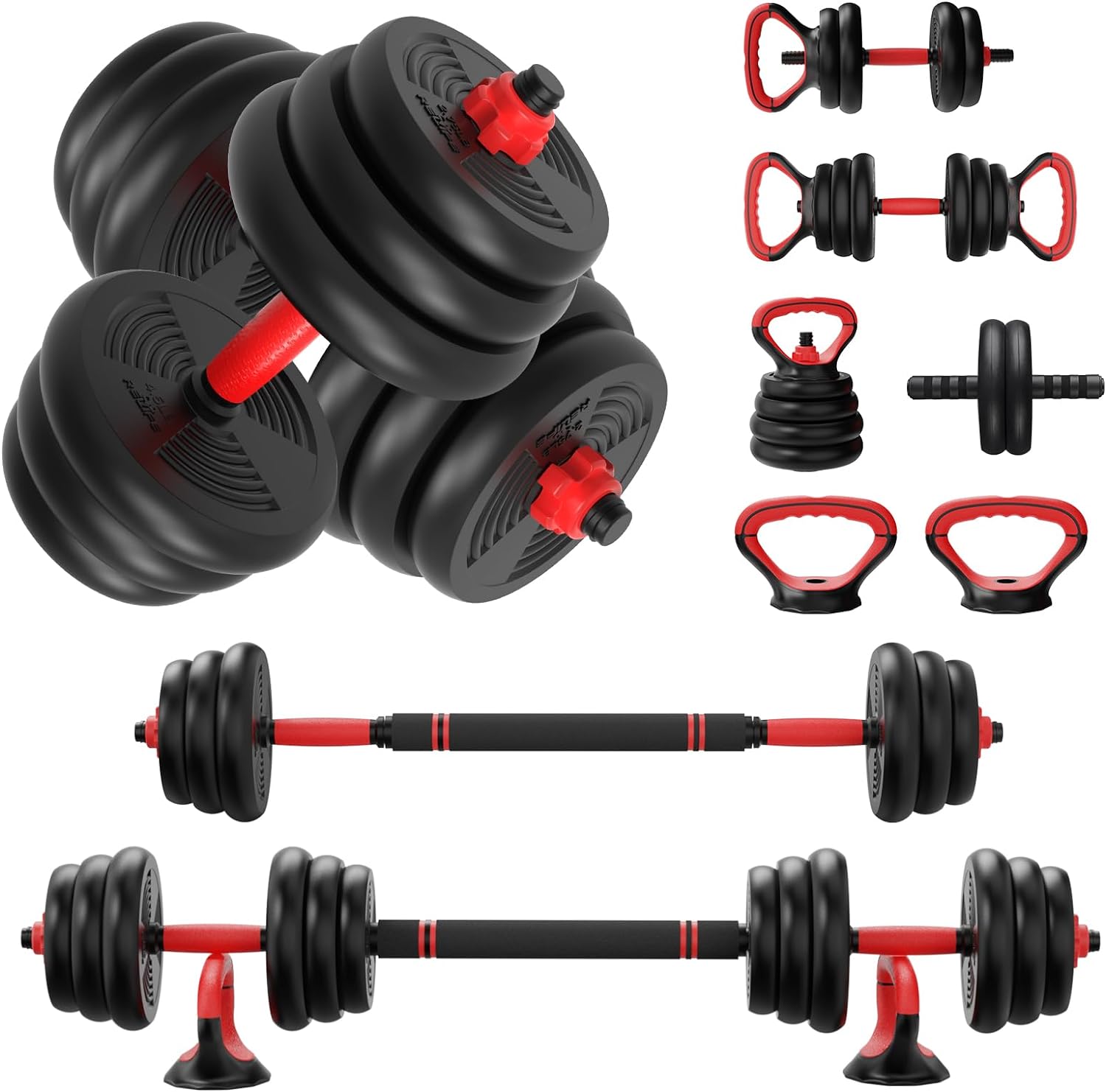 RELIFE REBUILD YOUR LIFE Adjustable Dumbbells Set 6 in 1 Weight Set Dumbbell Barbell Kettlebells, Push-up,Push up Stand and Ab roller for Workout Home Fitness Equipment