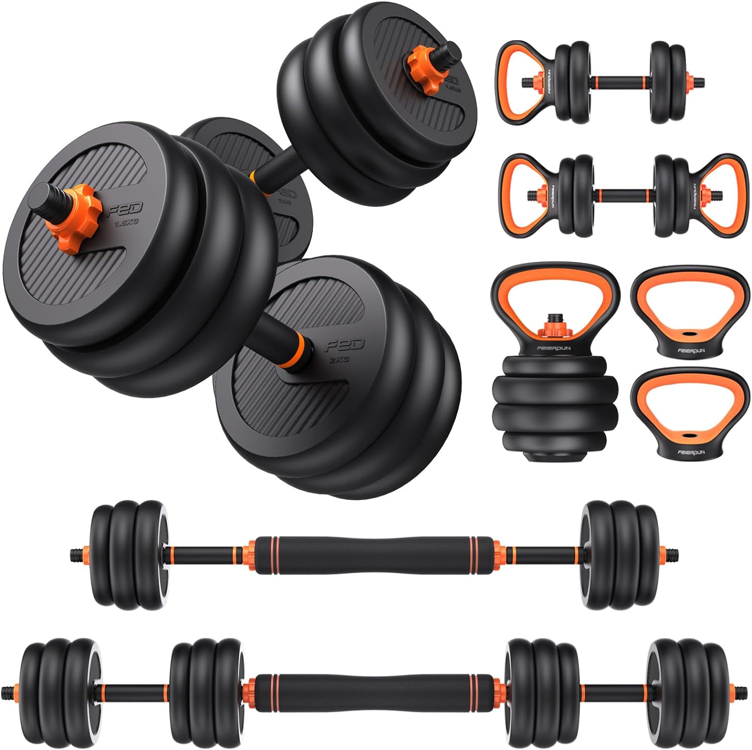 FEIERDUN Adjustable Dumbbells, 20/30/40/50/70/90lbs Free Weight Set with Connector, 4 in1 Dumbbells Set Used as Barbell, Kettlebells, Push up Stand, Fitness Exercises for Home Gym Suitable Men/Women