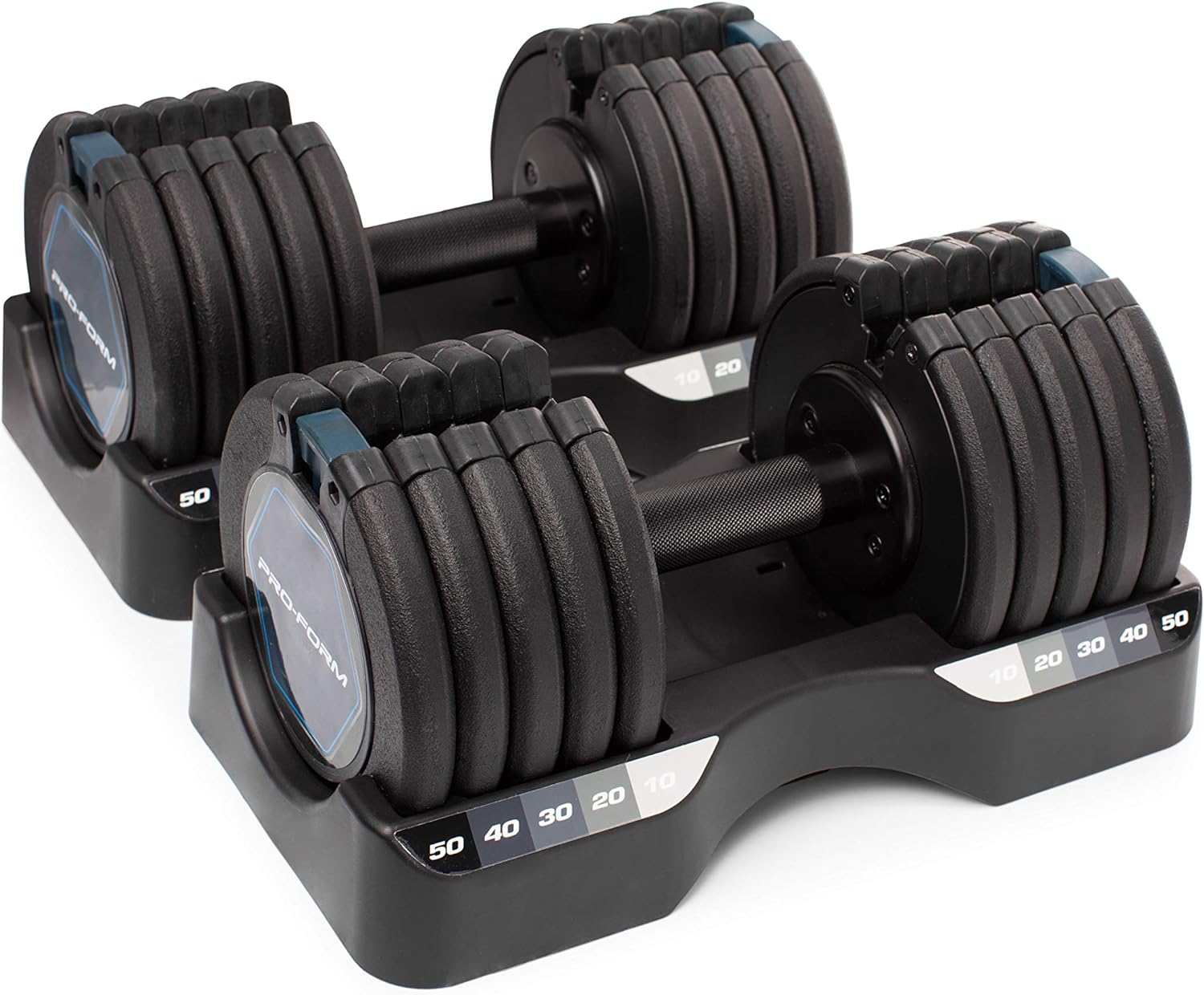 This is a great product and value when compared to similar products. It' no easy to find adjustable dumbbells that go up to 50 pounds. I also like that it works in increments of 5 pounds. It can be a little tricky to get used to how to place them in the tray, but once you get it, it' easy. They're a great space saver and allow me to lift heavier without having a full set of dumbbells.