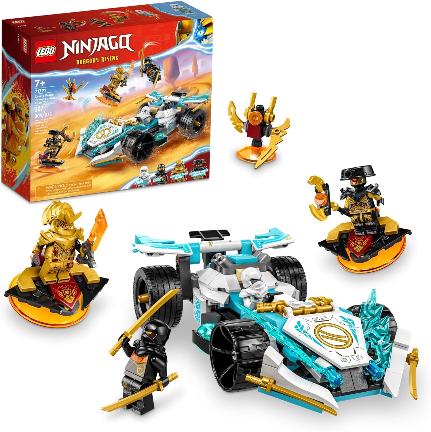 LEGO NINJAGO Zanes Dragon Power Spinjitzu Race Car 71791 Building Toy Set, Features a Ninja Car, 2 Hover Flyers, Dragon Toy, and 4 Minifigures, Gift for Kids Aged 7 