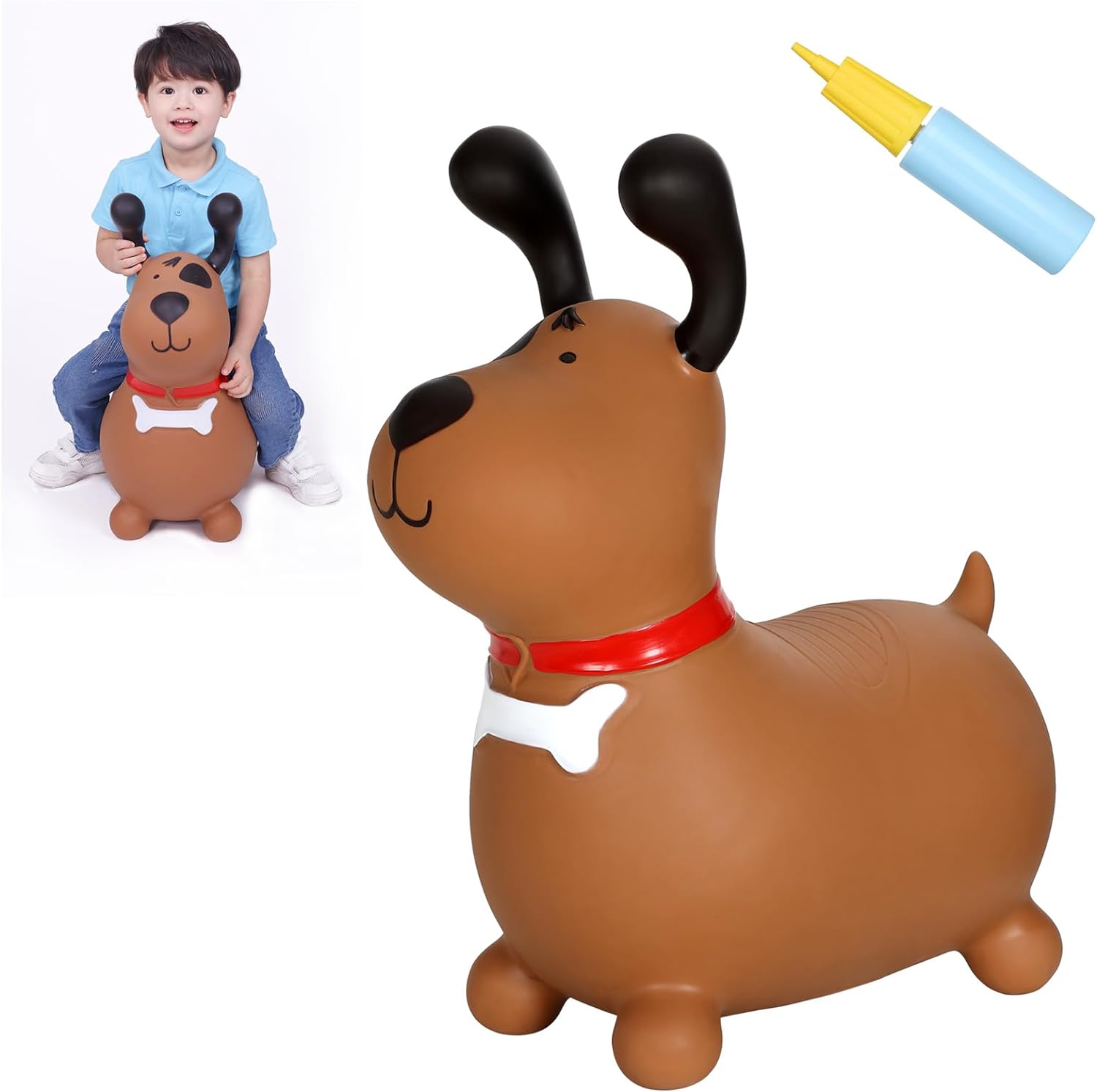 INPANY Bouncy Brown Dog Horse Hopper for Toddlers - Bouncing Horse Hopper, Ride on Animal Toys for Girls Boys, Inflatable Riding Gifts- (Include Pump)