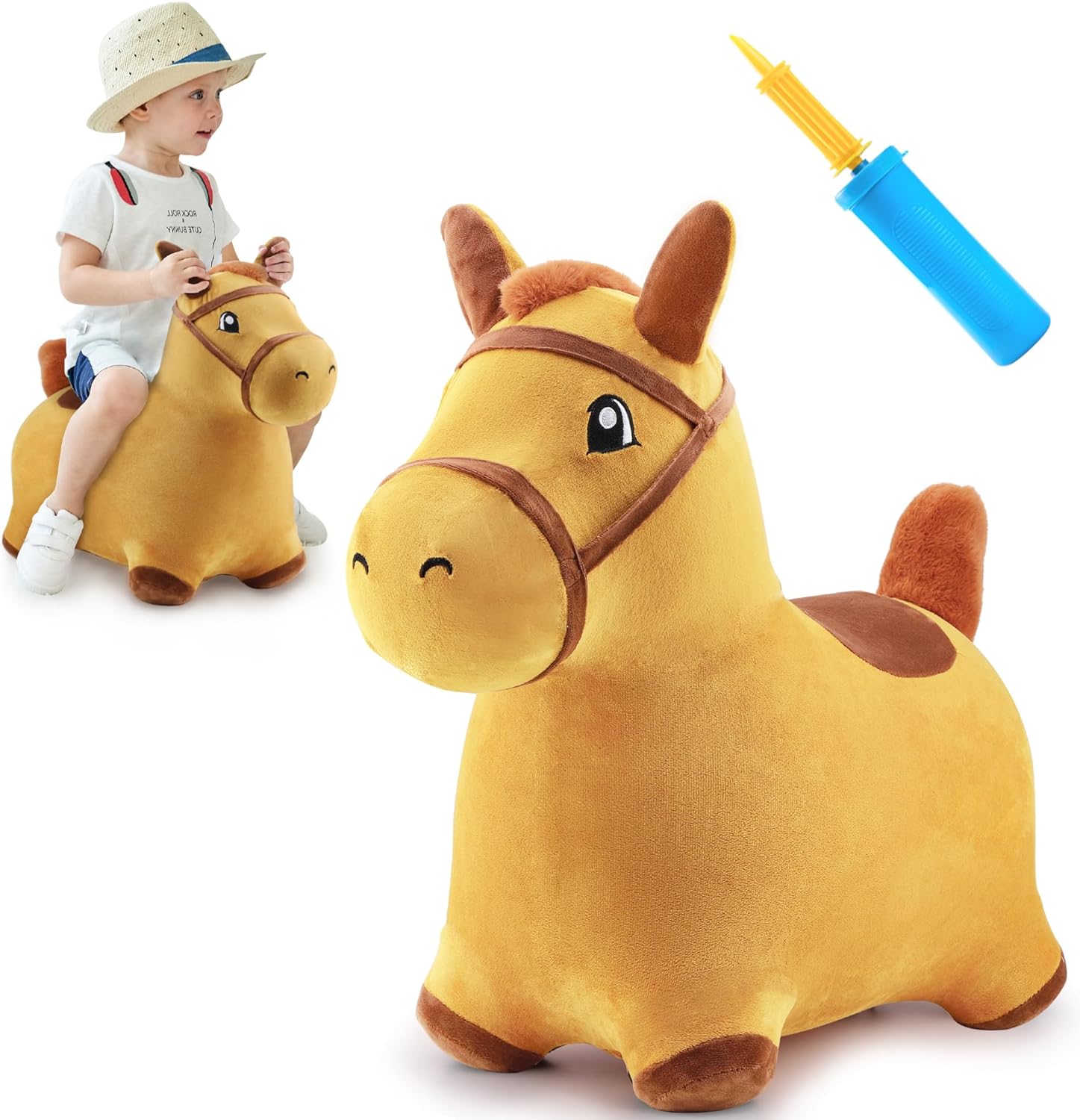 iPlay, iLearn Bouncy Pals Yellow Hopping Horse, Outdoor Ride on Bouncy Animal Play Toys, Inflatable Hopper Plush Covered W/Pump, Birthday Gift for 18 Months 2 3 4 5 Year Old Kids Toddlers Boys Girls