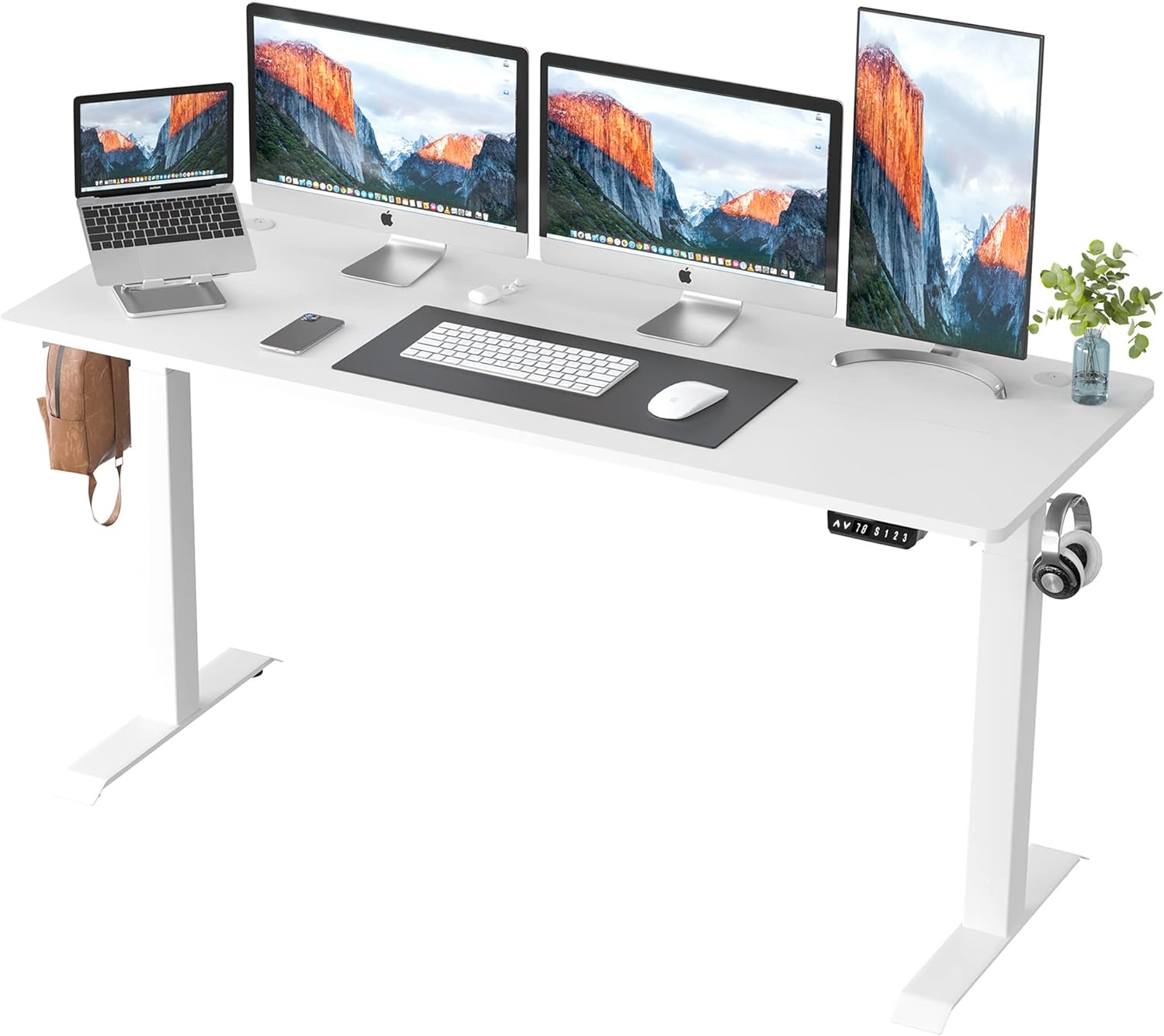 Shintenchi Electric Standing Desk, 63 x 24 Inch Height Adjustable Sit Stand Desk Morder Home Office Stand Up Desk Computer Work Station with Splice Board, (White Frame + White Top)