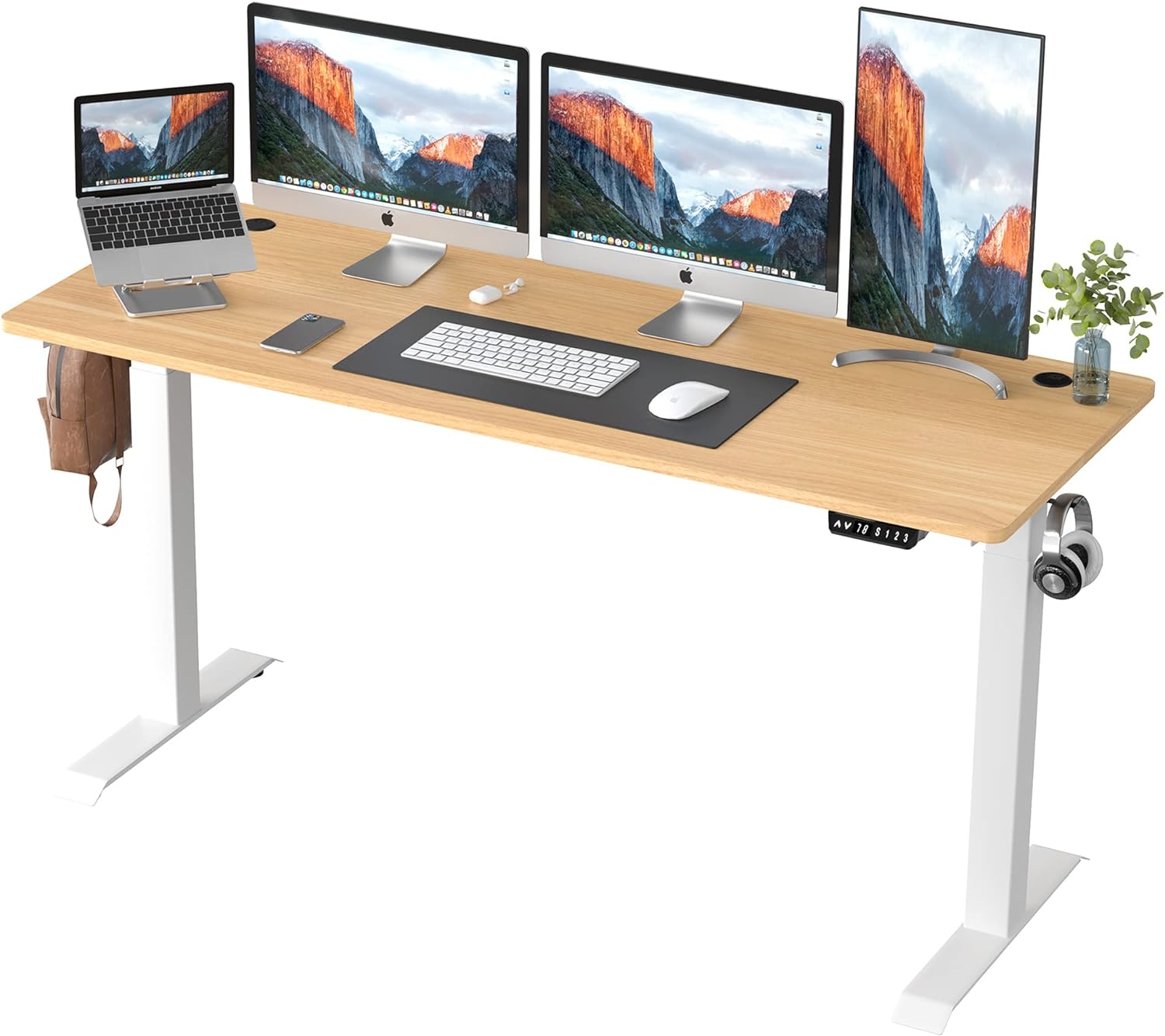 Shintenchi Electric Standing Desk, 63 x 24 Inch Height Adjustable Sit Stand Desk Morder Home Office Stand Up Desk Computer Work Station with Splice Board, (White Frame   Walnut Top)