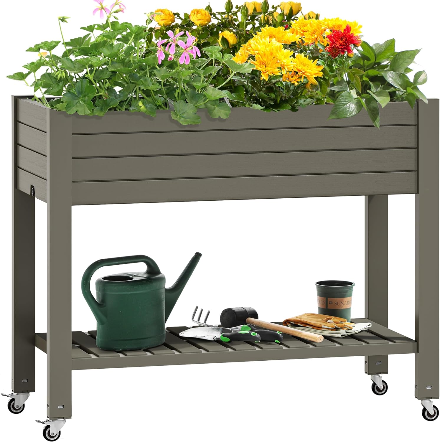 YITAHOME 3.6x1.5x2.8FT Elevated Raised Garden Bed with Legs and Wheels, Outdoor LargeResinPatio Planter Box Stand with Drain PlugandStorage Shelf forPlants, Vegetables, Flowers, and Fruits