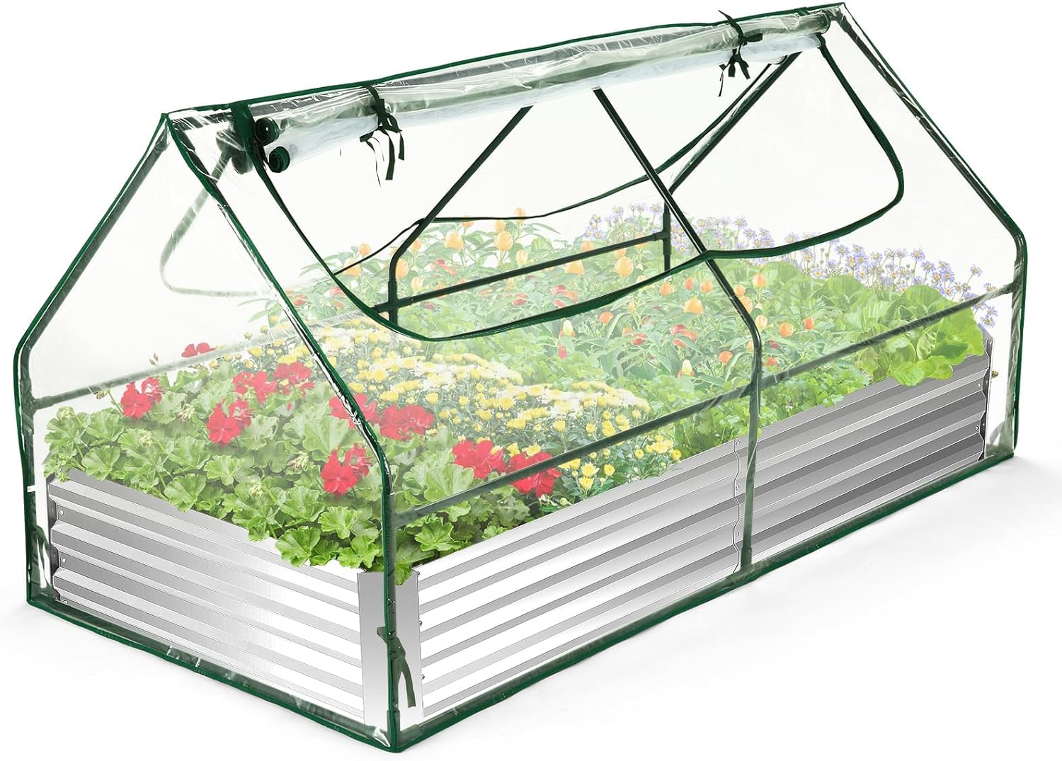 Homdox 6x3x3ft Galvanized Raised Garden Bed with Cover Outdoor Extra-Thick Metal Planter Box Kit,w/ 2 Roll-Up Large Screen Windows Mini Greenhouse 1 Pair of Gloves for Growing Vegetables Fruits Flower