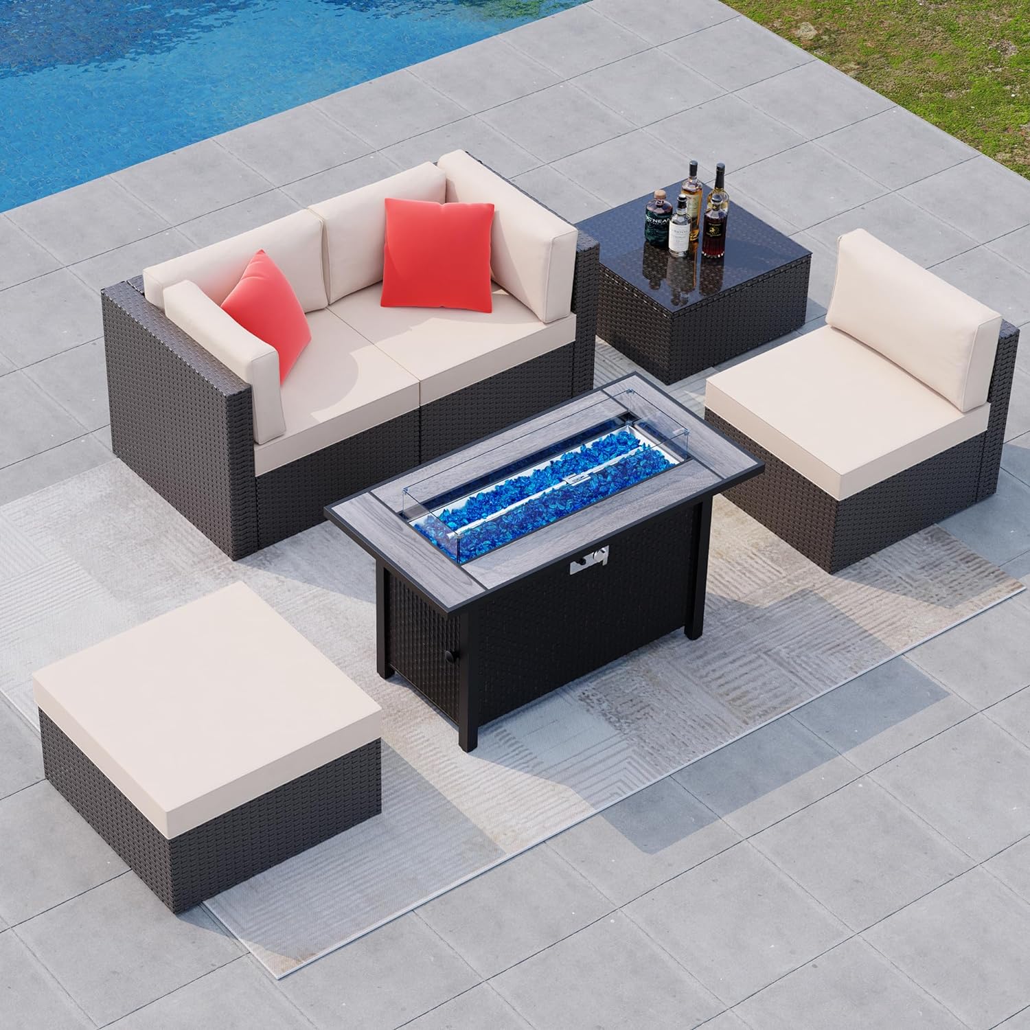 Shintenchi 5 Pieces Patio Furniture Sets w/45 inch Fire Pit Table, Outdoor Conversation Set w/50,000 BTU Steel Gas Fire Pit, Patio Sectional Sofa Set w/Glass Table &Ottoman