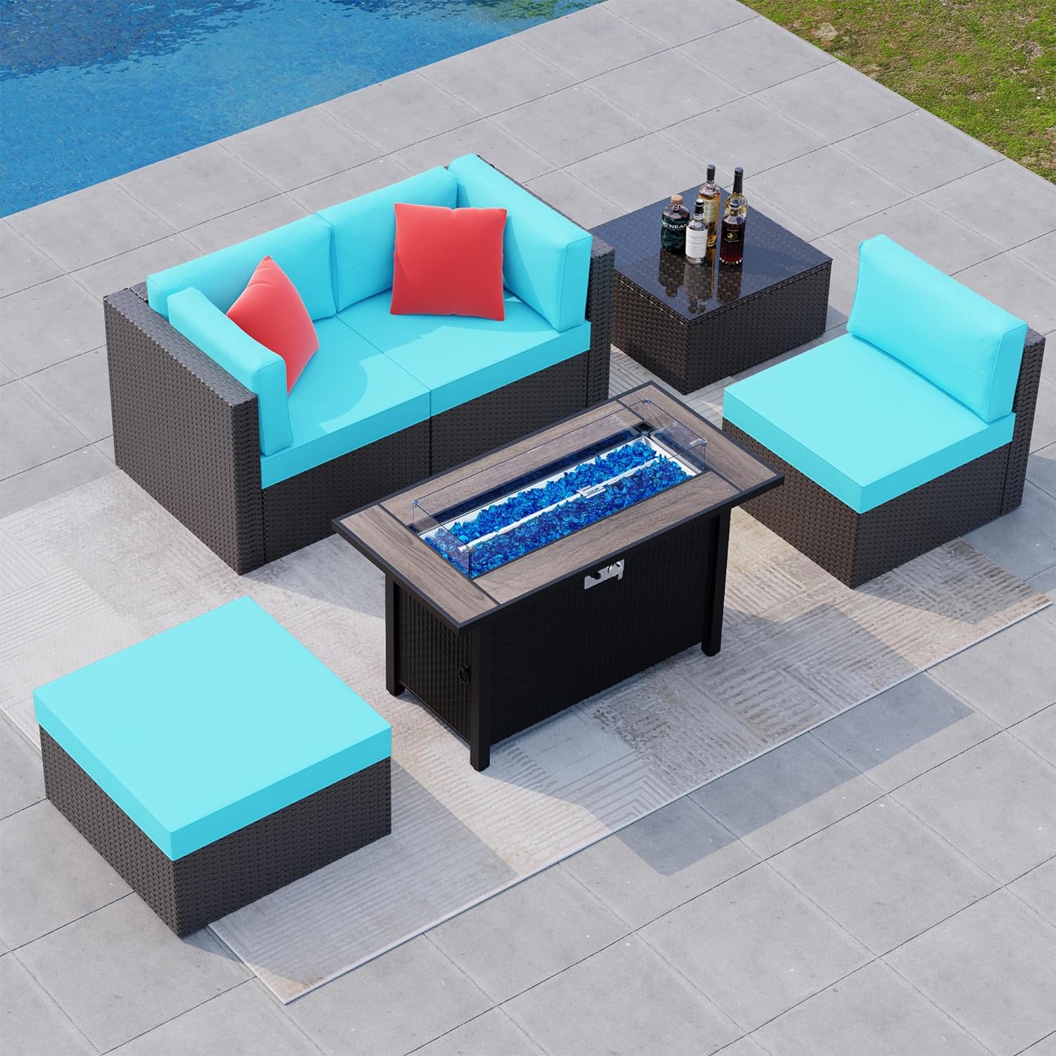 Shintenchi 6 Pieces Patio Furniture Sets w/Fire Pit Table, Outdoor Conversation Set w/50,000 BTU Steel Gas Fire Pit, Blue Patio Rattan Sectional Sofa Set w/Brown Top Fire Pit