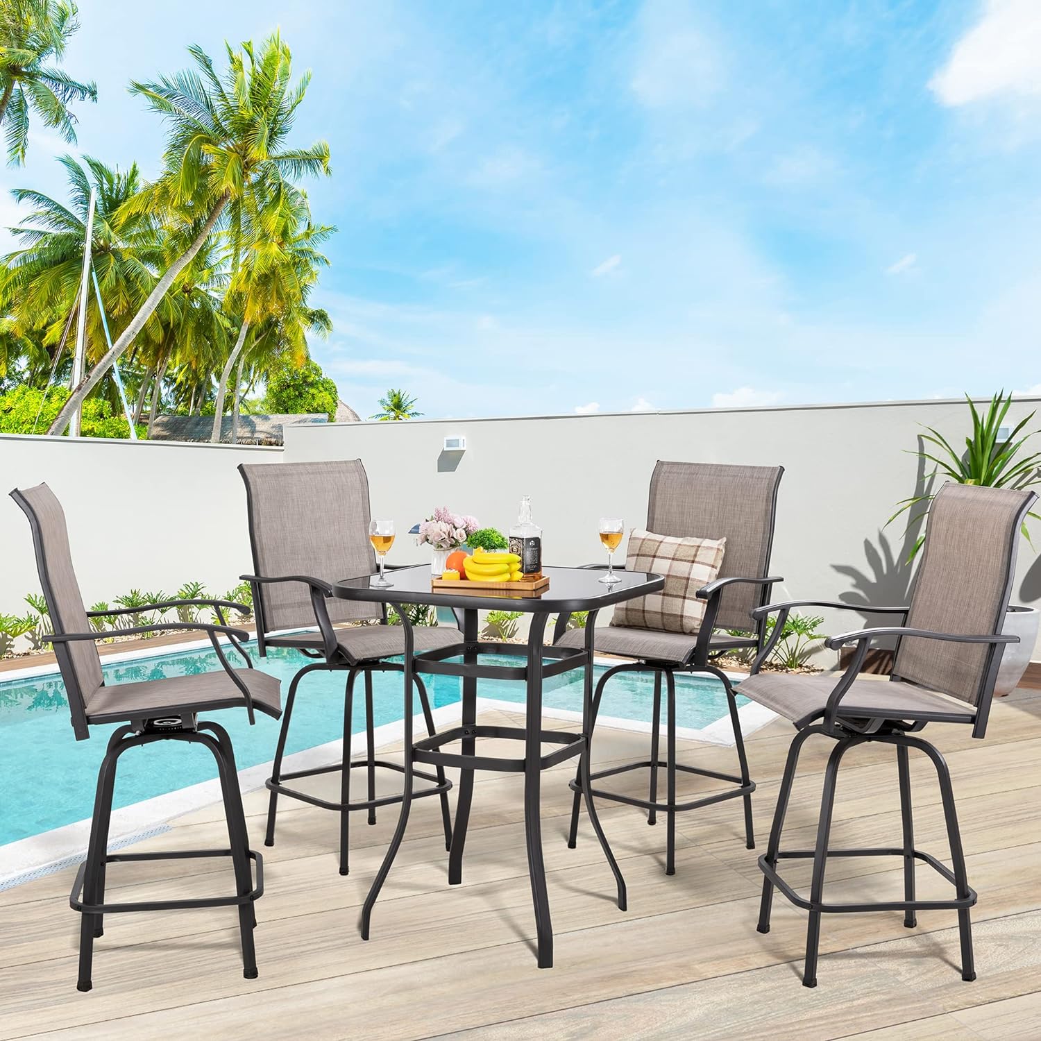 Shintenchi 5 Pieces Outdoor Swivel Bar Set, All Weather Textile Fabric Patio High Bar Stool Bistro Set with 4 Height Back Bar Chairs and Glass Table for Home, Backyard, Garden, Lawn, Porch