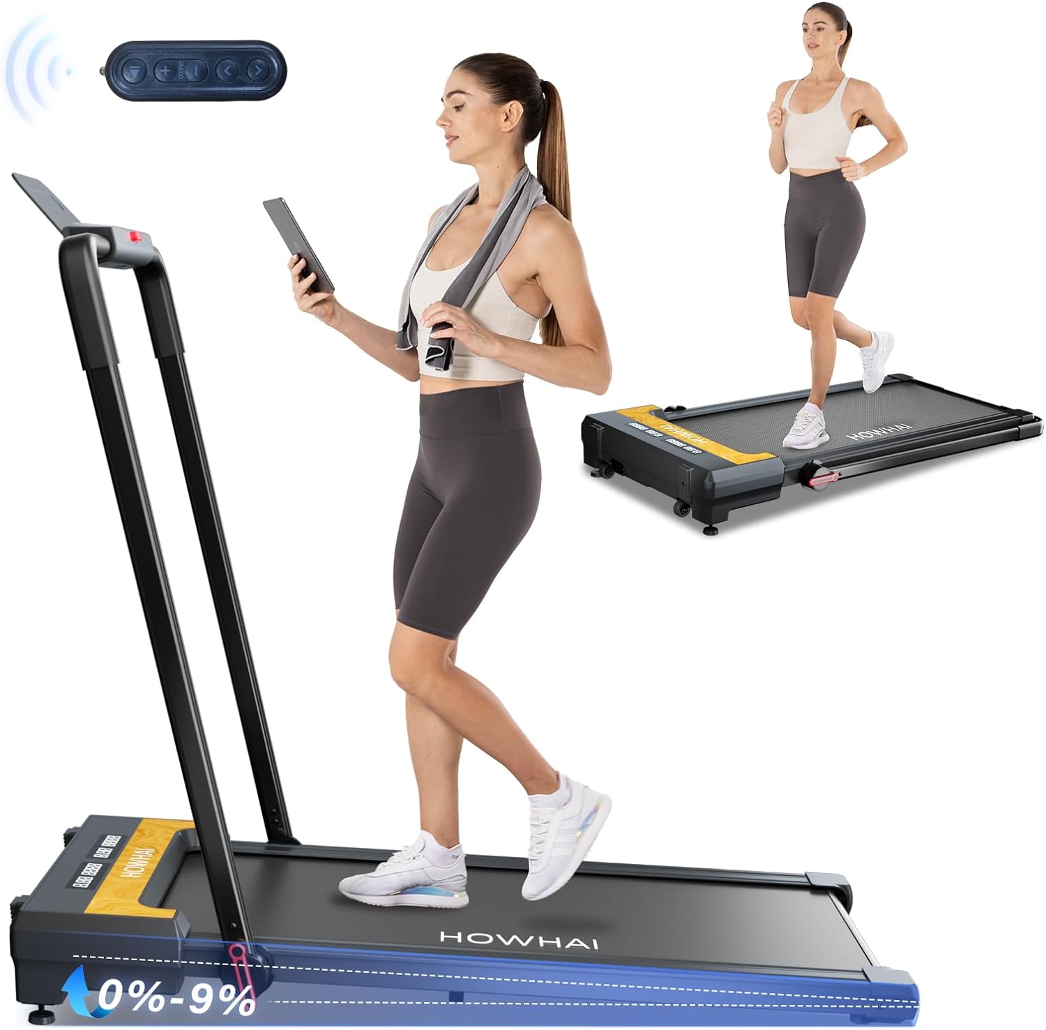 Walking Pad with Incline, 9% 3 Stages Auto Incline, Under Desk Treadmill, 7.6 MPH Running Treadmill with Foldable Handle, Remote Control and LED Display, Running Machine for Home Office Use(Black)