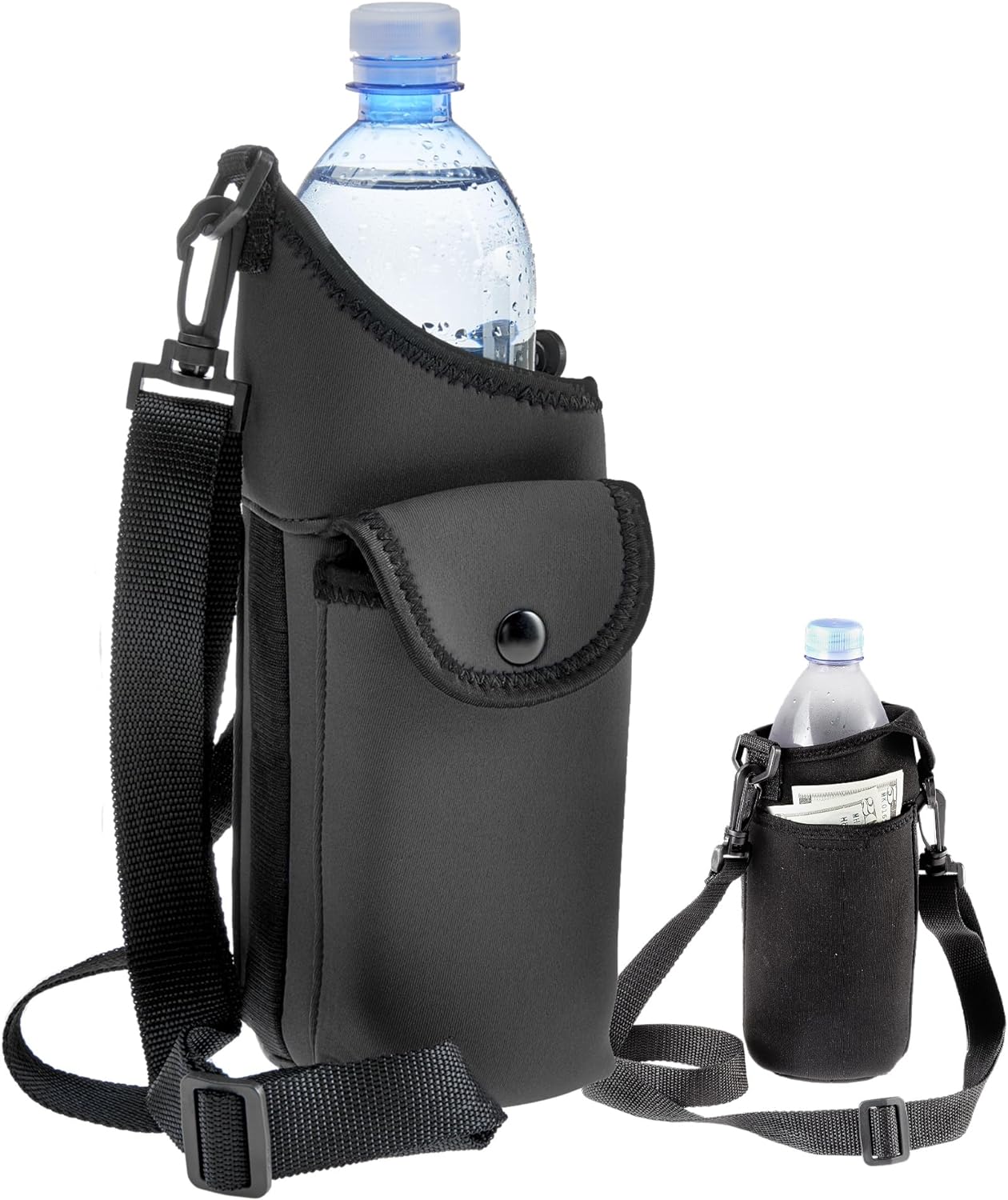 AquaPockets Water Bottle Carrier Bag - Insulating Neoprene Bottle Holder with Phone Case, Pockets and Adjustable Strap for Walking and Hiking - Fits up to 40 oz. Bottles