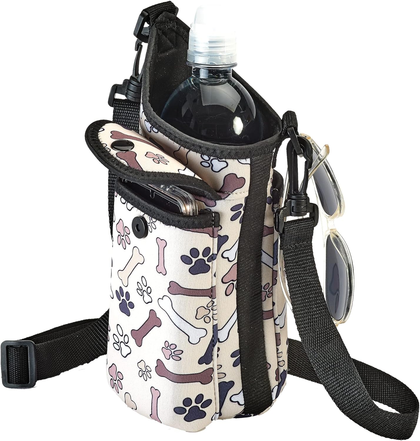 AquaPockets Water Bottle Carrier Bag - Insulating Neoprene Bottle Holder with Phone Case, Pockets and Adjustable Strap for Walking and Hiking - Fits up to 40 oz. Bottles