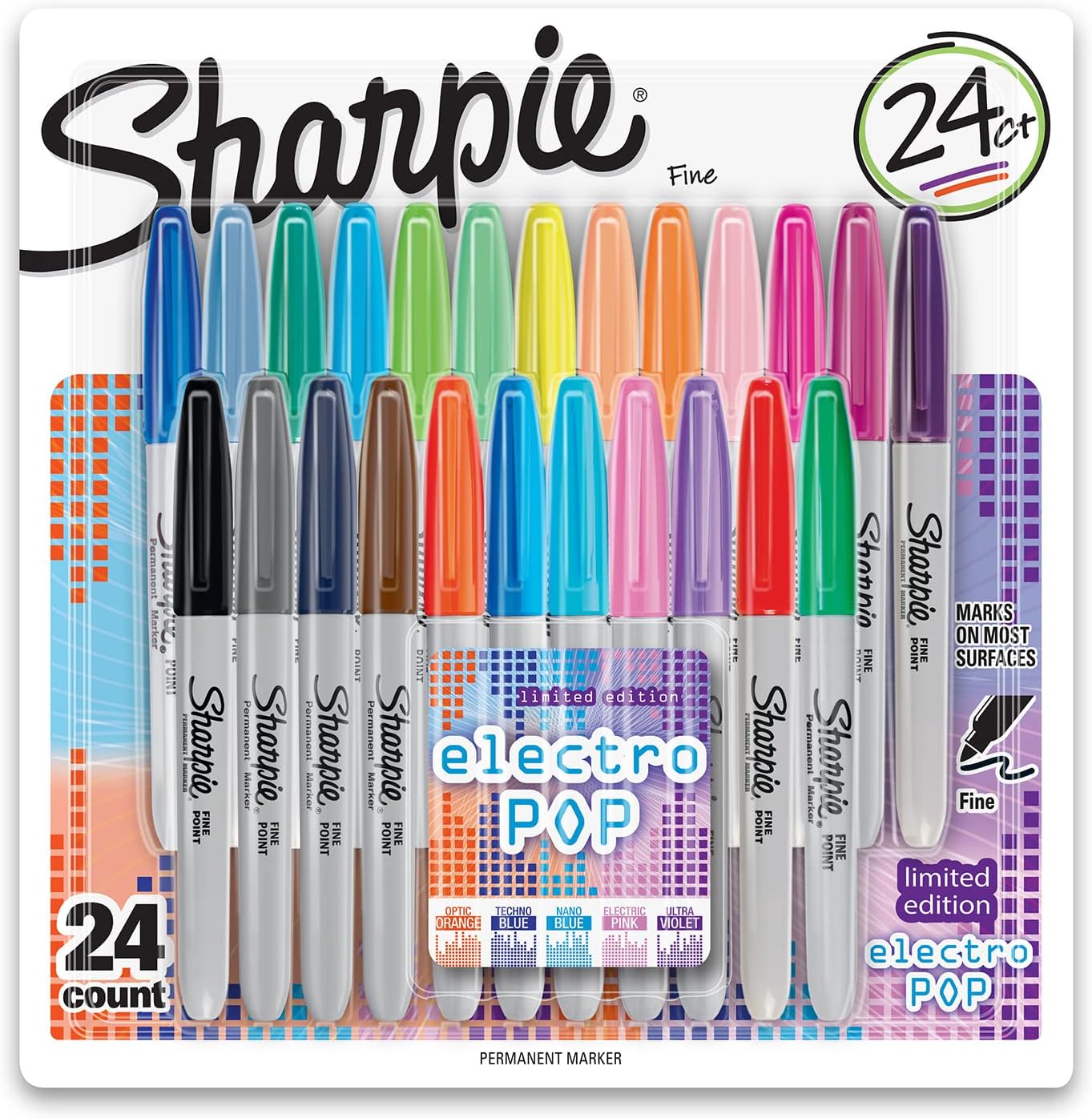 SHARPIE Electro Pop Permanent Markers, Fine Point, Assorted Colors, 24 Count