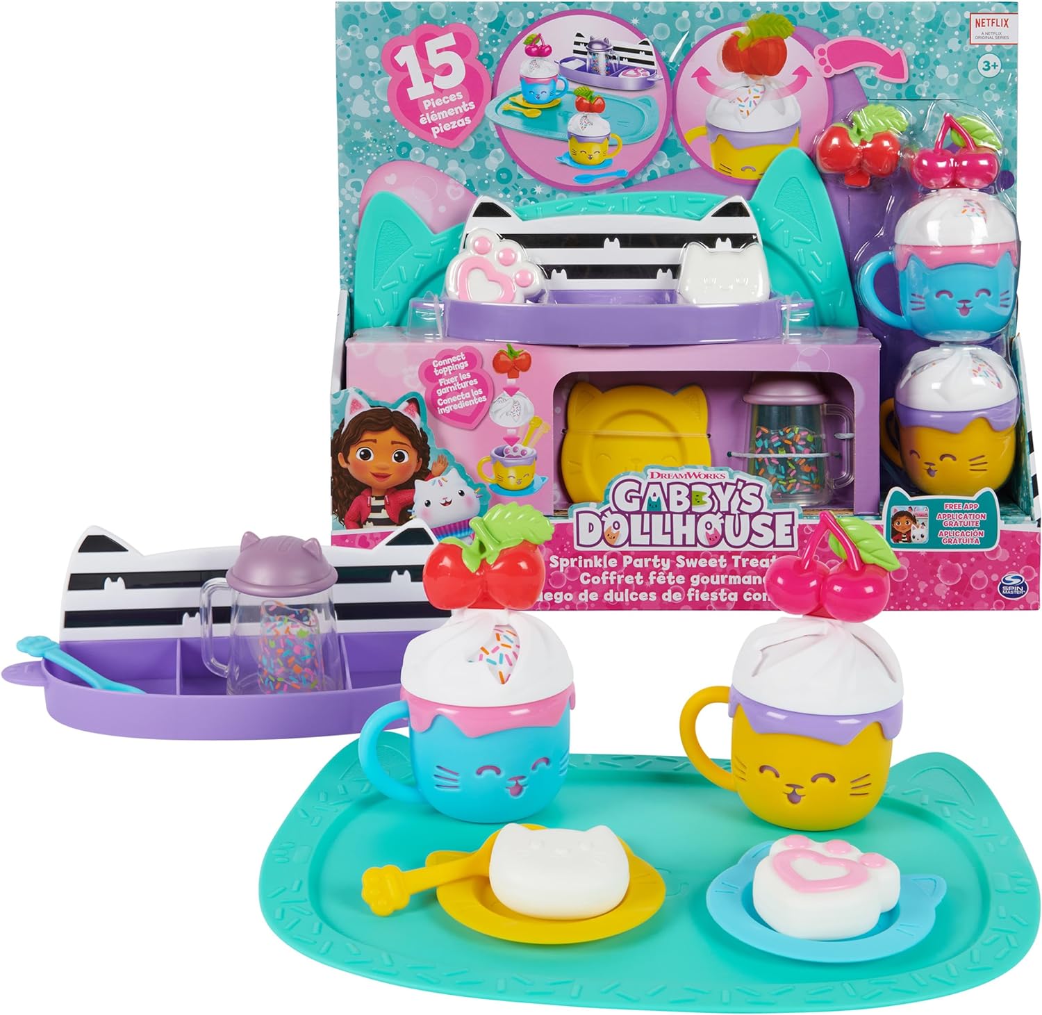 Gabbys Dollhouse, Sprinkle Party Sweet Treat Set, Pretend Play Kitchen Hot Cocoa Party Set with Fruit & Sprinkles, Kids Toys for Girls and Boys 3 