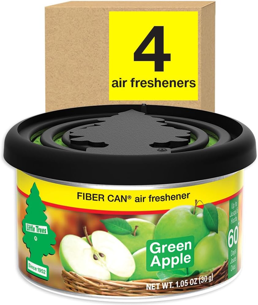 LITTLE TREES Car Air Freshener. Fiber Can Provides a Long-Lasting Scent for Auto or Home. Adjustable Lid for Desired Strength. Green Apple, 4 Air Fresheners