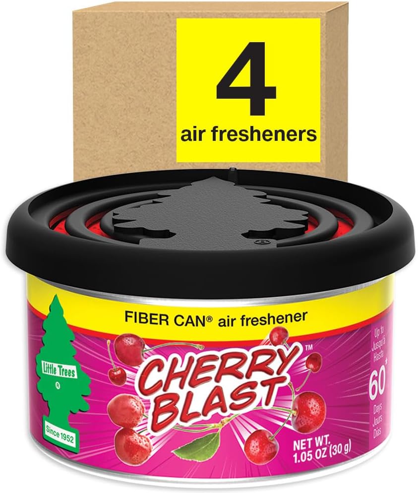 LITTLE TREES Car Air Freshener. Fiber Can Provides a Long-Lasting Scent for Auto or Home. Adjustable Lid for Desired Strength. Cherry Blast, 4 Air Fresheners