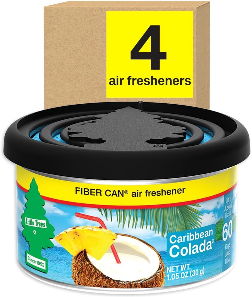 LITTLE TREES Car Air Freshener. Fiber Can Provides a Long-Lasting Scent for Auto or Home. Adjustable Lid for Desired Strength. Caribbean Colada, 4 Air Fresheners