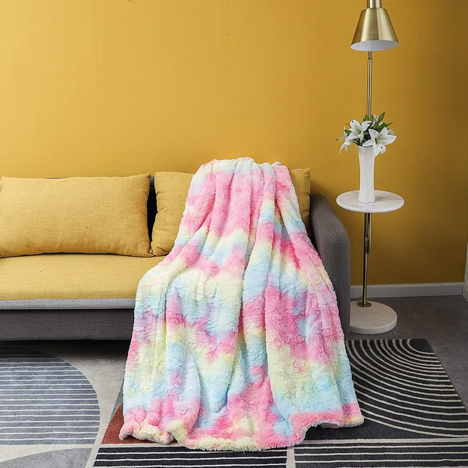 UKELER Rainbow Throw Girls Blanket 50''x60'' Cozy Soft Faux Fur Throw Blanket Microfiber Sofa Couch Floor Throws Plush Sherpa Bedding Blankets for Kids