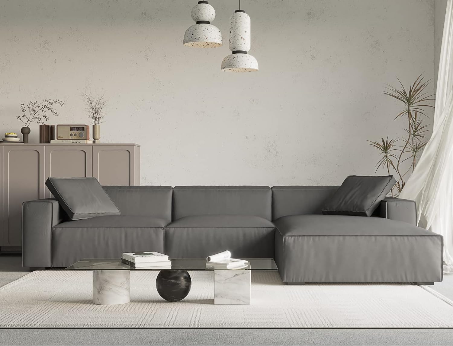 Acanva Modern L-Shaped Deep Sectional Sofa Furniture Set for Living Room Lounge, Minimalist Style Comfy Suedette Upholstery Corner Couch with Chaise, Dark Grey