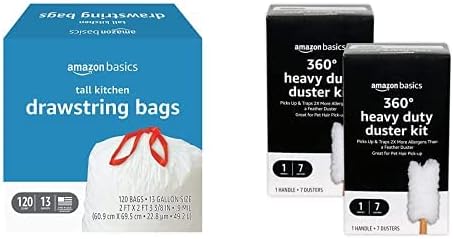 Amazon Basics 13 gallon Kitchen Drawstring Trash bags 12 ct, 360 Heavy Duty Duster Kit 7 Dusters   1 Handle (Pack of 2)