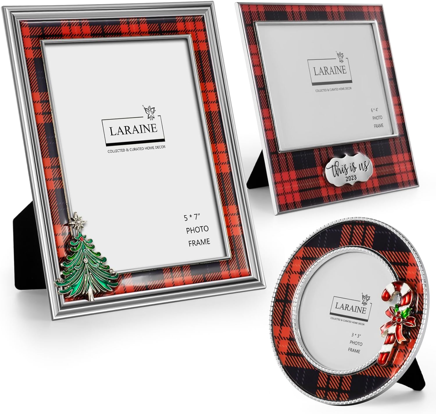 LARAINE Picture Photo Frame 3-color Plaid Metal High Definition Display Pictures for Tabletop Home Decorative (Print_Red&Black, 3-pieces Set)