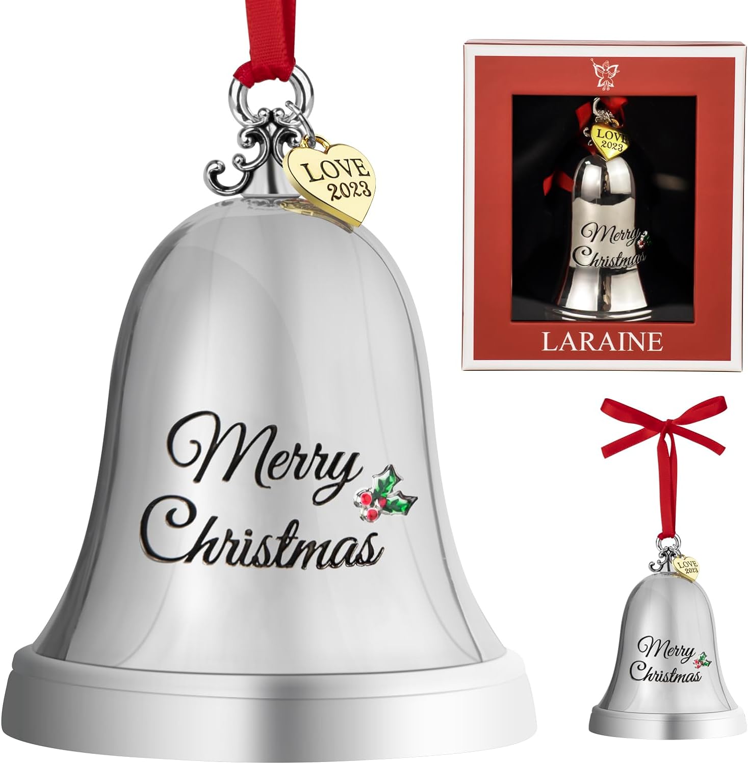 LARAINE Christmas Ornament Bell 2023 Silver Jingle Bell Hanging Ornament with Golden Metal Tag for Christmas Tree Decorations Engraved Metal Bell (Heart Tag (2023))