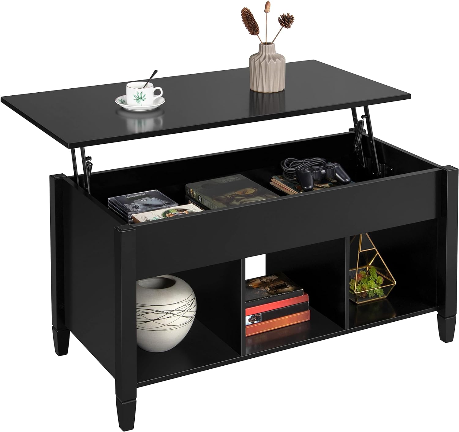 Yaheetech Coffee Table, Lift Top Coffee Table w/Hidden Storage Compartment & Lower 3 Cube Open Shelves, Lift Tabletop Coffee Table for Living Room/Reception Room/Office, Black