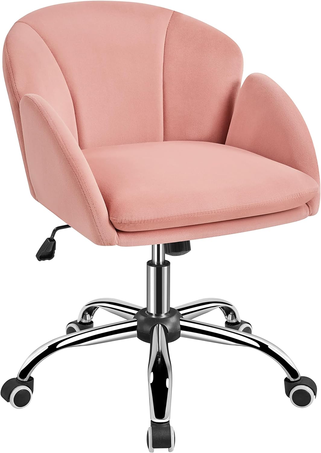 Yaheetech Cute Velvet Desk Chair for Home Office, Makeup Vanity Chair with Armrests for Bedroom Modern Swivel Rolling Chair for Women Pink