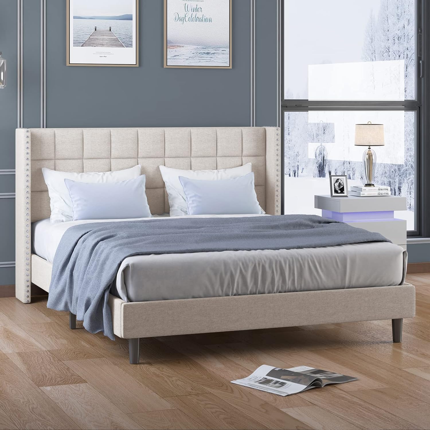 BALUS Queen Bed Frame | Upholstered Platform Bed Frame with Wingback Headboard | Wooden Bed Frame with Two Rows of Rivet Design | Premium Bedroom Furniture Easy Assembly No Box Spring Needed