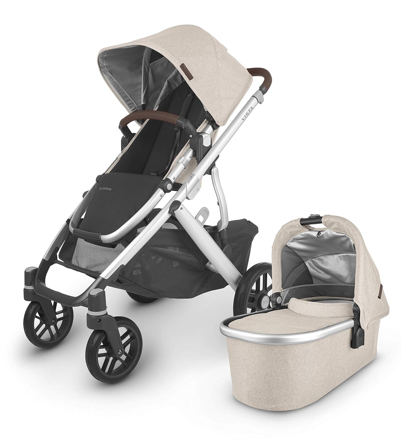 UPPAbaby Vista V2 Stroller Convertible Single-To-Double System Bassinet, Toddler Seat, Bug Shield, Rain Shield, and Storage Bag Included Declan (Oat Mlange/Silver Frame/Chestnut Leather)