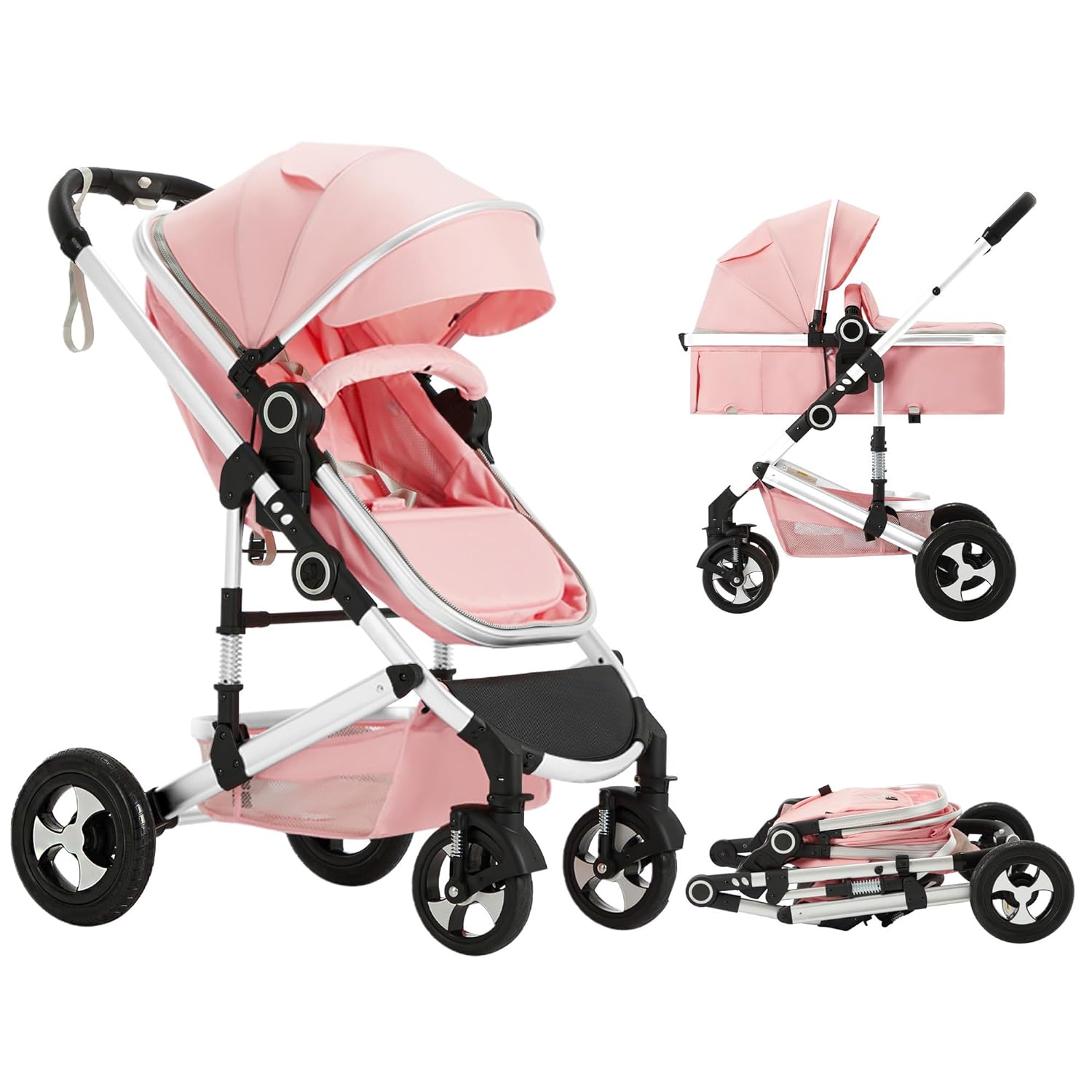 Convertible Baby Stroller, 3 in 1 Folding Infant Stroller, High Landscape Pushchair w/Adjustable Backrest & Canopy, Newborn Bassinet Pram with Foot Cover, Storage Basket, Pink