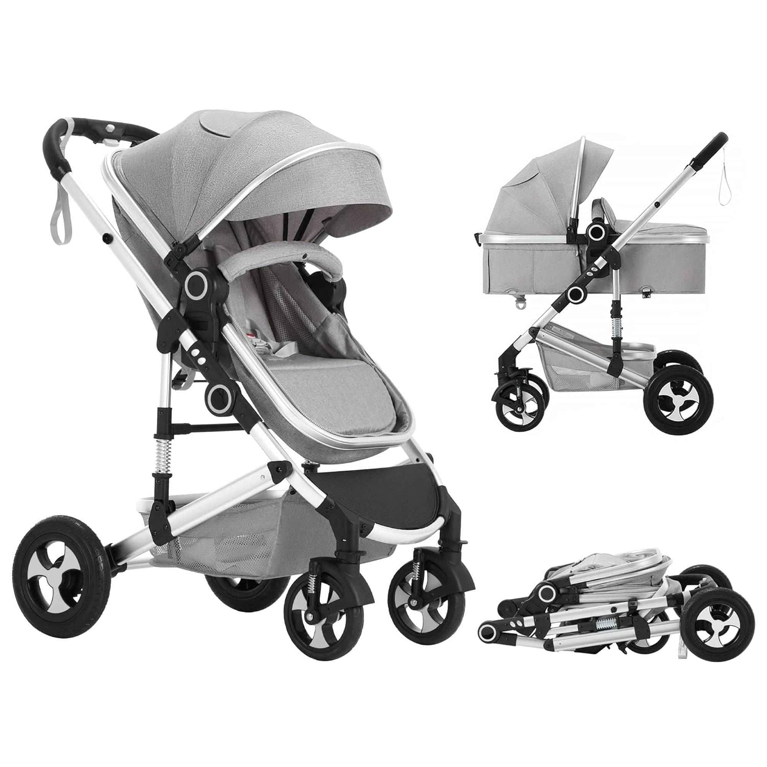 Convertible Baby Stroller, 3 in 1 Folding Infant Stroller, High Landscape Pushchair w/Adjustable Backrest & Canopy, Newborn Bassinet Pram with Foot Cover, Storage Basket, Light Grey