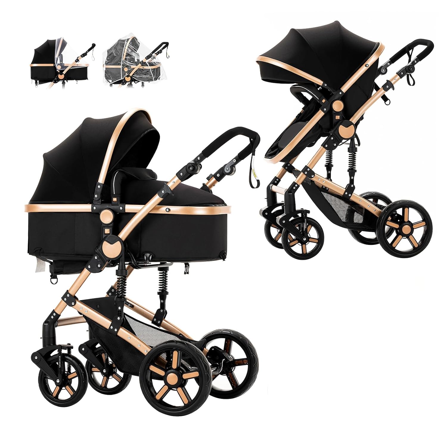 2 in 1 Baby Travel System Baby Pram Standard Baby Stroller Baby Travel Carriage Portable Folding Baby Prams Aluminium Frame High Landscape Car for Newborn (2US588-BG)