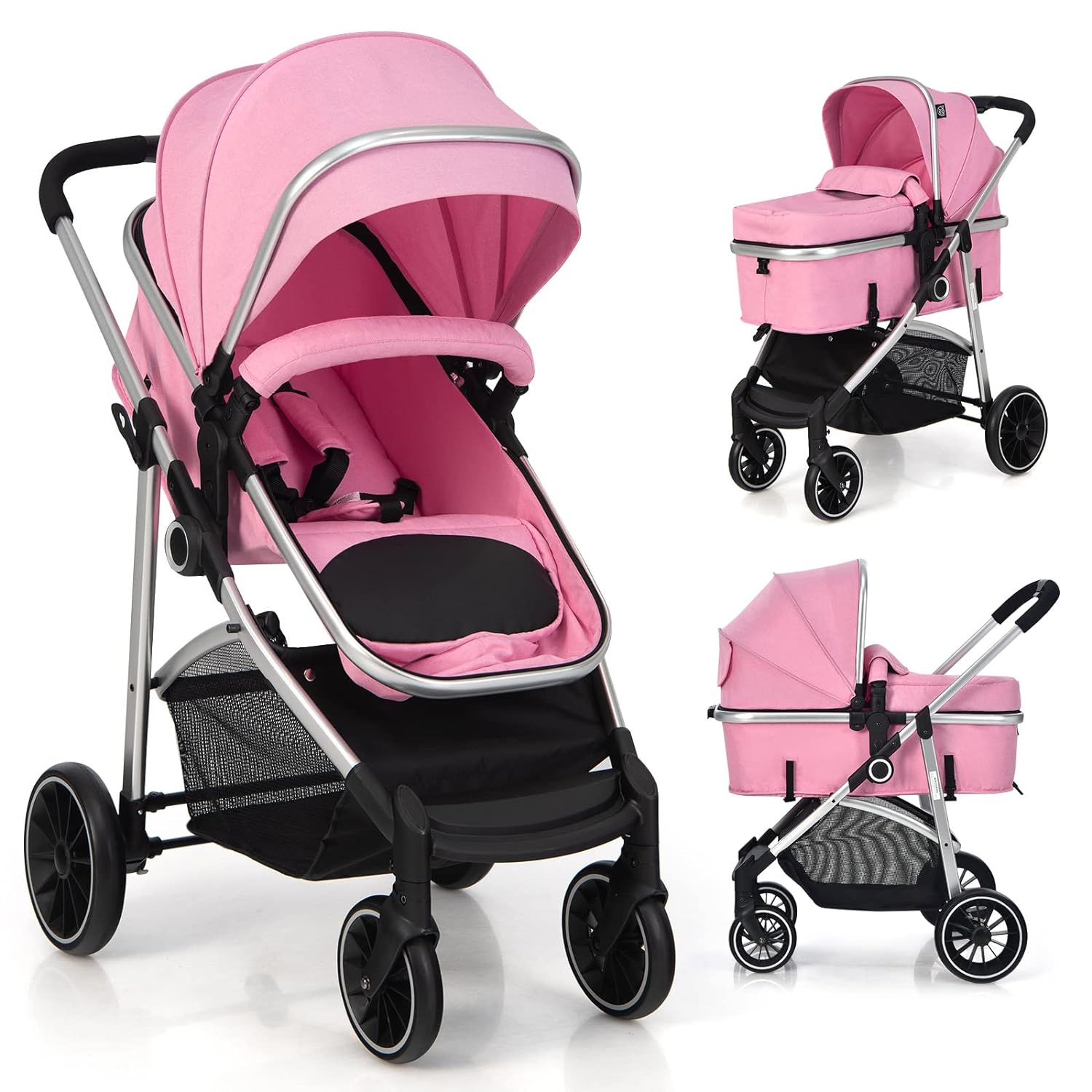 BABY JOY 2 in 1 Convertible Baby Stroller, High Landscape w/Reversible Seat, Removable Footmuff, Adjustable Backrest & Canopy, Foldable Infant Pram Stroller for 0-36 Months Babies, Pink