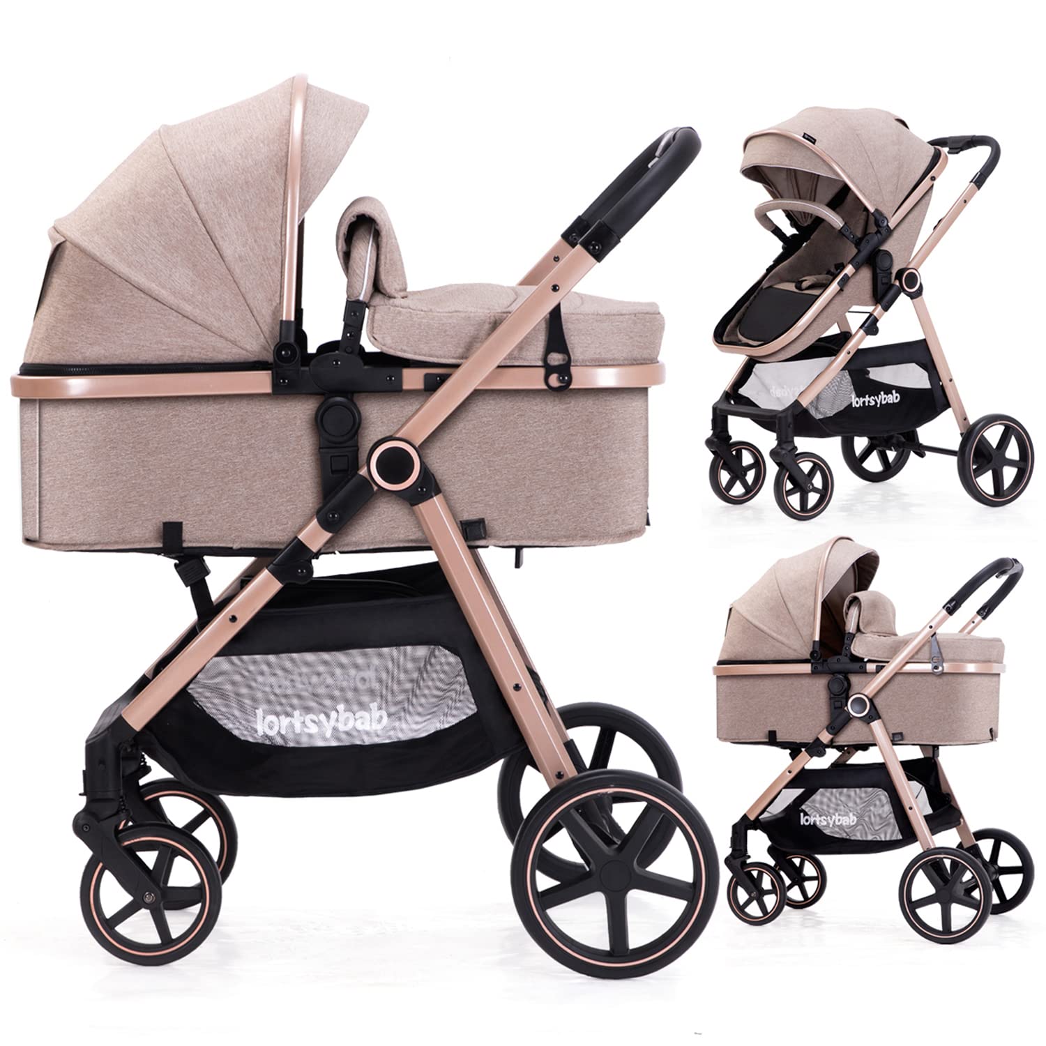 2-in-1 Baby Stroller with Bassinet Mode - Folding Infant Newborn Pram Stroller with Reversible Seat - Toddler Strollers for 0-36 Months Old Babies (Beige)