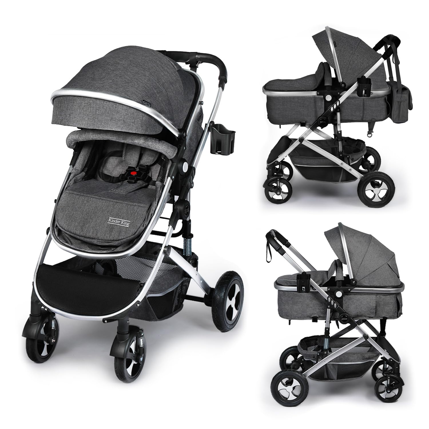 Kinder King 2 in 1 Convertible Baby Stroller, Folding High Landscape Infant Carriage, Newborn Reversible Bassinet Pram, Adjustable Canopy, Diaper Bag, Anti-Shock Toddler Pushchair Dark Grey