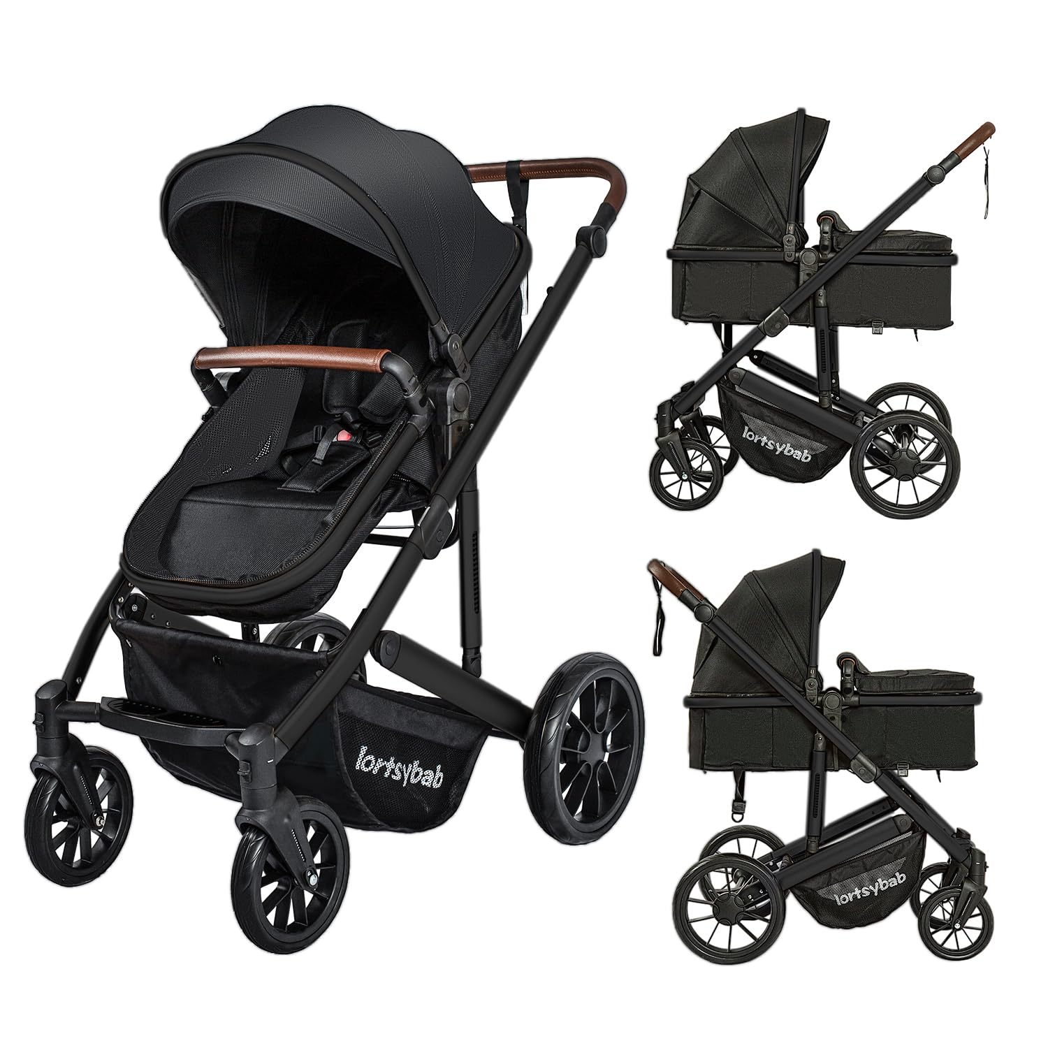 2 in 1 Convertible Baby Stroller, High Landscape Infant Stroller w/Reversible Seat, Adjustable Backrest & Canopy, Newborn Reversible Bassinet Pram Strollers, Black