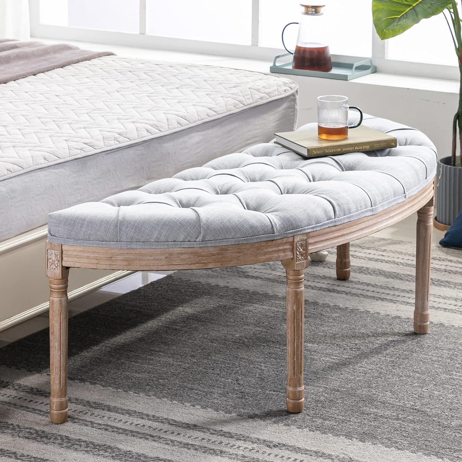 55 End of Bed Bench Vintage Half Moon Upholstered Fabric Semi-Circle Entryway Bench with Padded Seat & Rubberwood Legs, Tufted Dining Bench for Bedroom Living Room Hallway, Grey