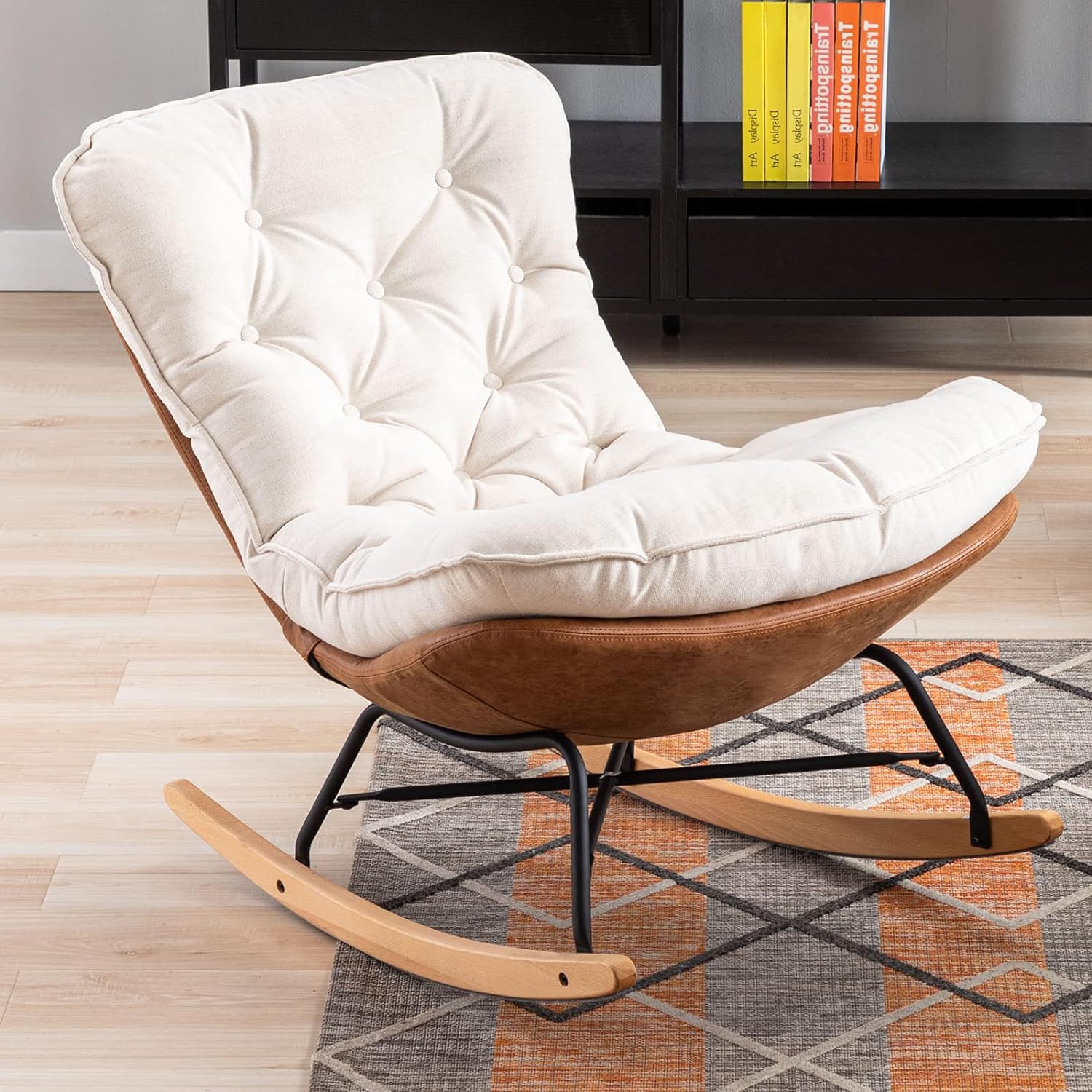 Rocking Boho Glider Chair for Nursery Comfy Accent Chairs for Living Room/Bedroom, Side Rocker Chair with Back Tufted Design Upholstered Fabric Padded Seat with Solid Wood Base, Linen-Cream