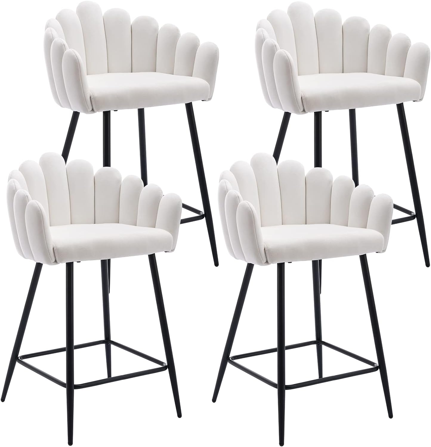 DUOMAY Modern White Bar Stools Set of 4, 26 Counter Height Stools, Velvet Upholstered Kitchen Island Barrel Chair with Black Metal Legs for Home Kitchen Bistro Coffee Shop Restaurants