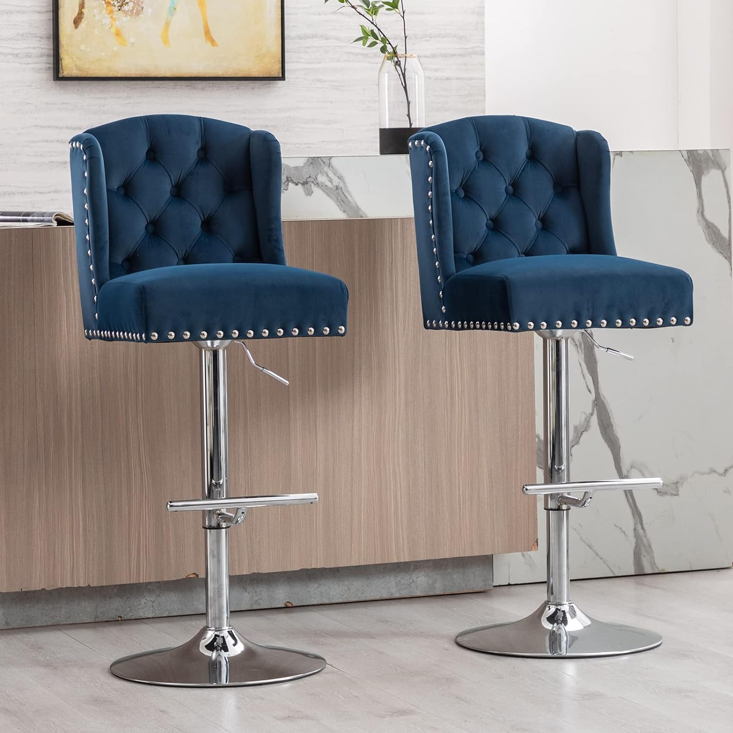 DUOMAY Swivel Bar Stools Set of 2, Modern Velvet Adjustable Counter Height Bar Stools with Back Pull Ring, Kitchen Island Bar Chair with Chrome Base for Dining Room Bar Coffee Shop, Blue