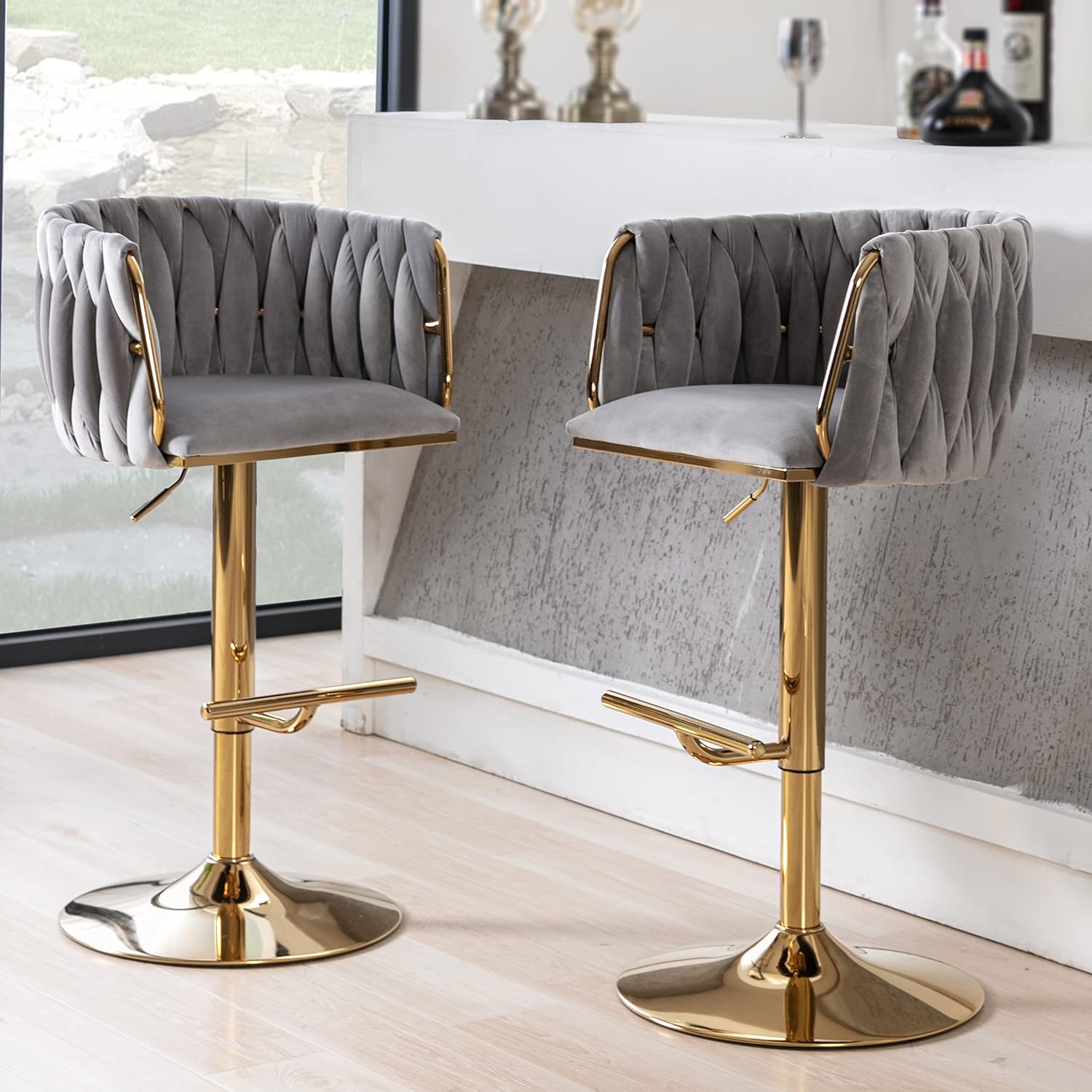 DUOMAY Modern Swivel Bar Stools Set of 2, Velvet Adjustable Height Barstool with Barrel Back Kitchen Island Counter Bar Chair with Golden Base, Grey