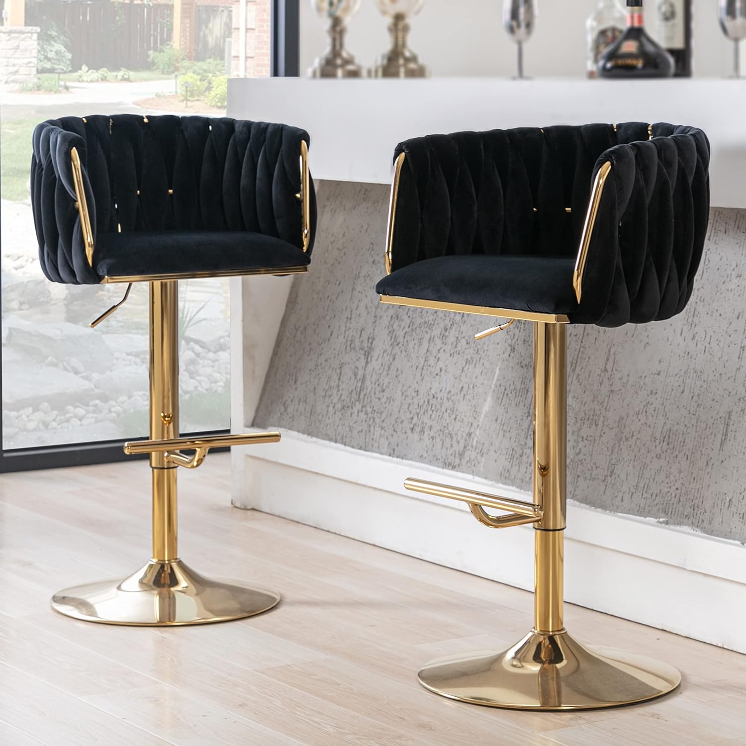 DUOMAY Modern Swivel Bar Stools Set of 2, Velvet Adjustable Height Barstool with Barrel Back Kitchen Island Counter Bar Chair with Golden Base, Black