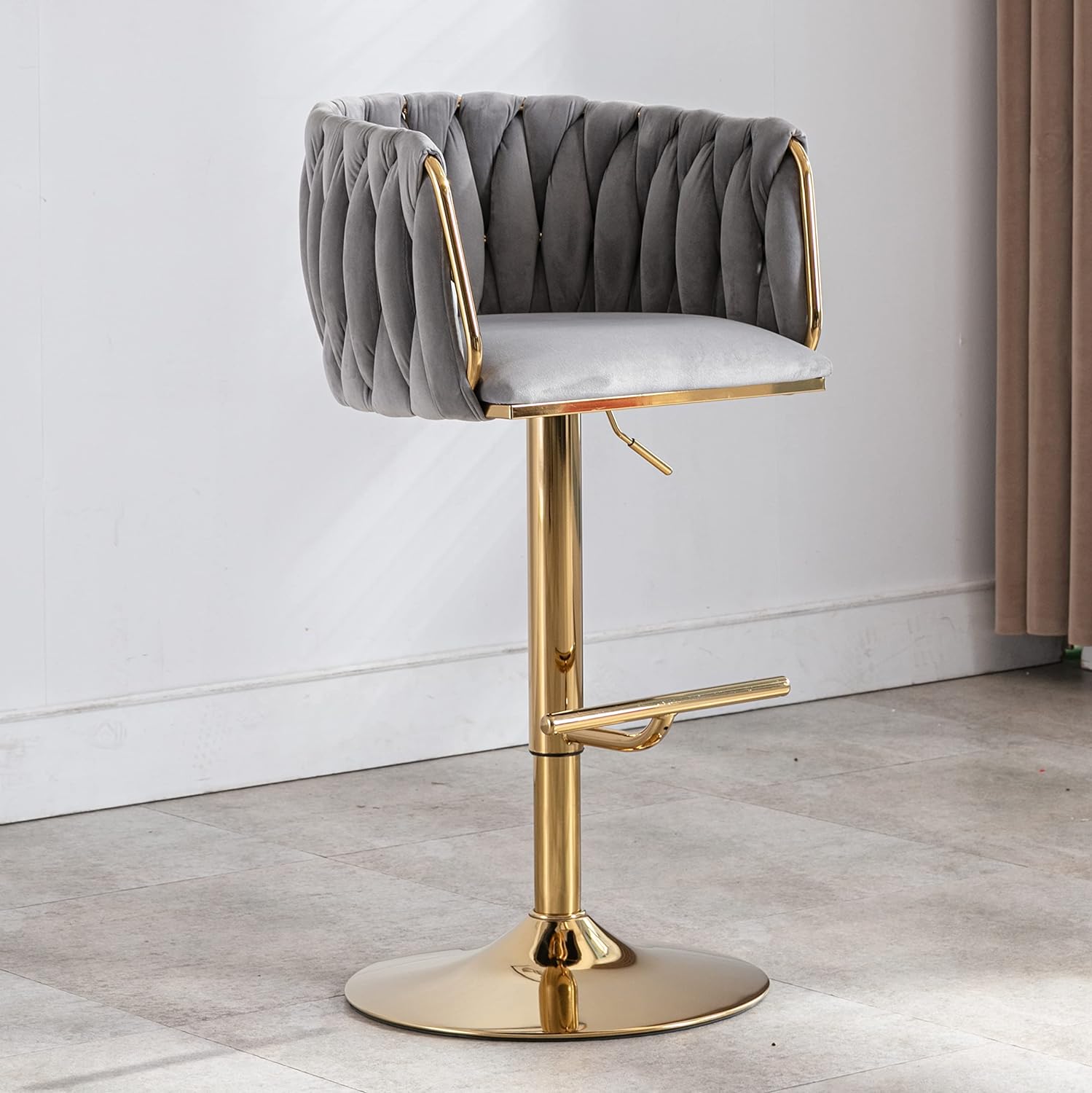 DUOMAY Modern Swivel Bar Stool Set of 1, Velvet Adjustable Height Barstool with Barrel Back Kitchen Island Counter Bar Chair with Golden Base, Grey