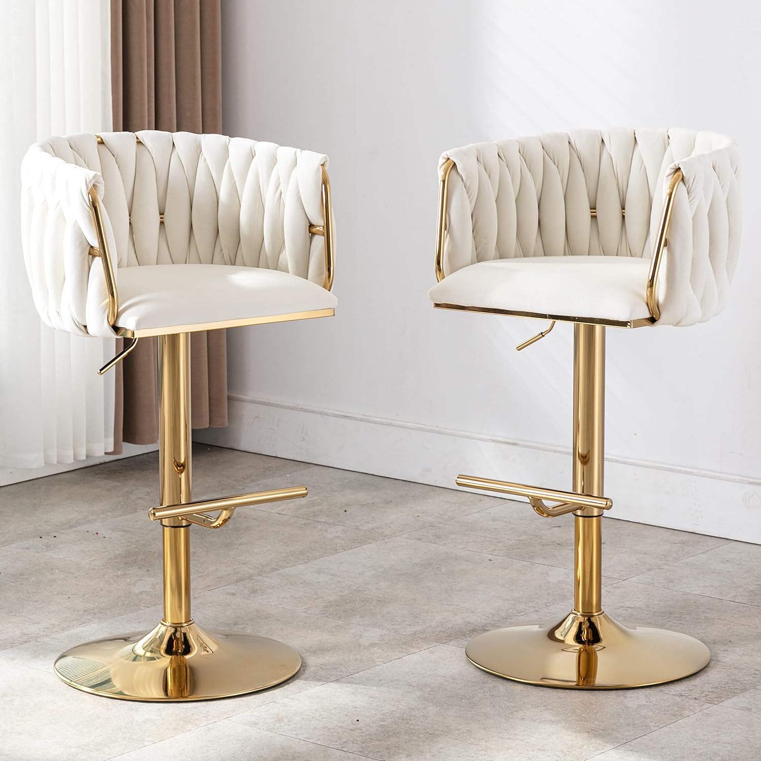 DUOMAY Modern Swivel Bar Stools Set of 2, Velvet Adjustable Height Barstool with Barrel Back Kitchen Island Counter Bar Chair with Golden Base, White