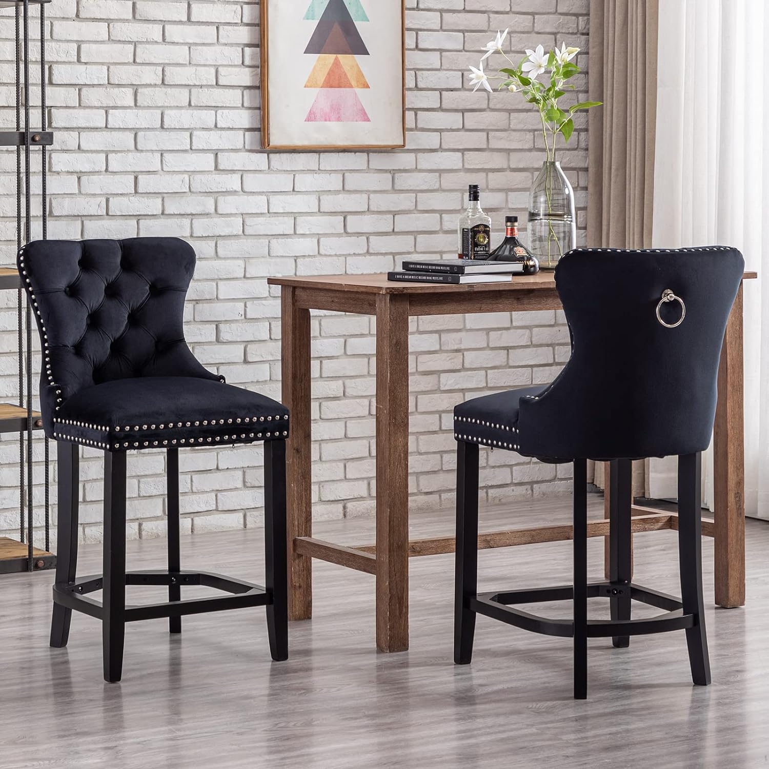 DUOMAY Modern Tufted Bar Stools Set of 2, 26 Counter Height Bar Chairs with Back Pull Ring, Velvet Kitchen Island Chair Barstools with Wood Legs for Dining Room Bar Coffee Shop, Black