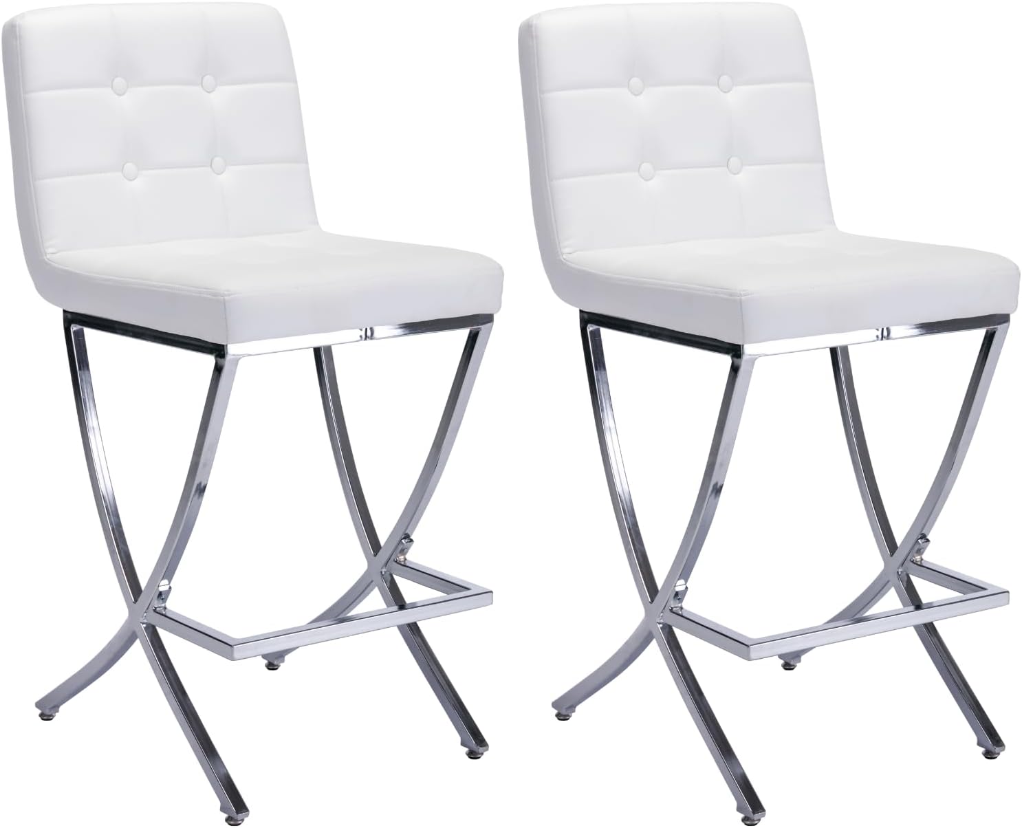 DUOMAY Modern Bar Stools Set of 2, 26 Counter Height Stools Button Tufted PU Leather Kitchen Chair with X Metal Base, Armless Island Stool with Back for Kitchen Home Bar Coffee Shop Office, White