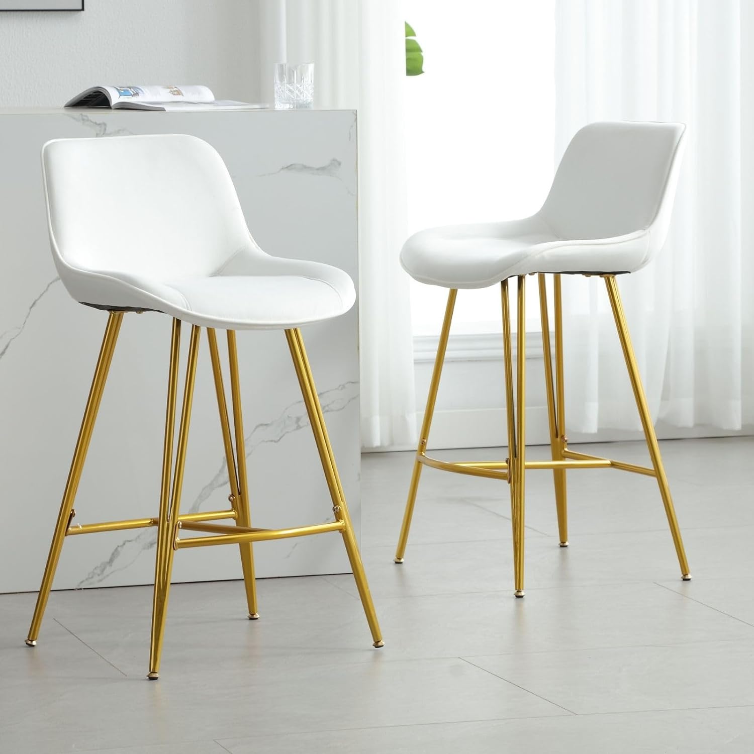 DUOMAY Modern Bar Stools Set of 2, 26 Counter Height Barstools, Velvet Armless Kitchen Island Counter Bar Chair with Golden Metal Legs for Kitchen Dining Room, White