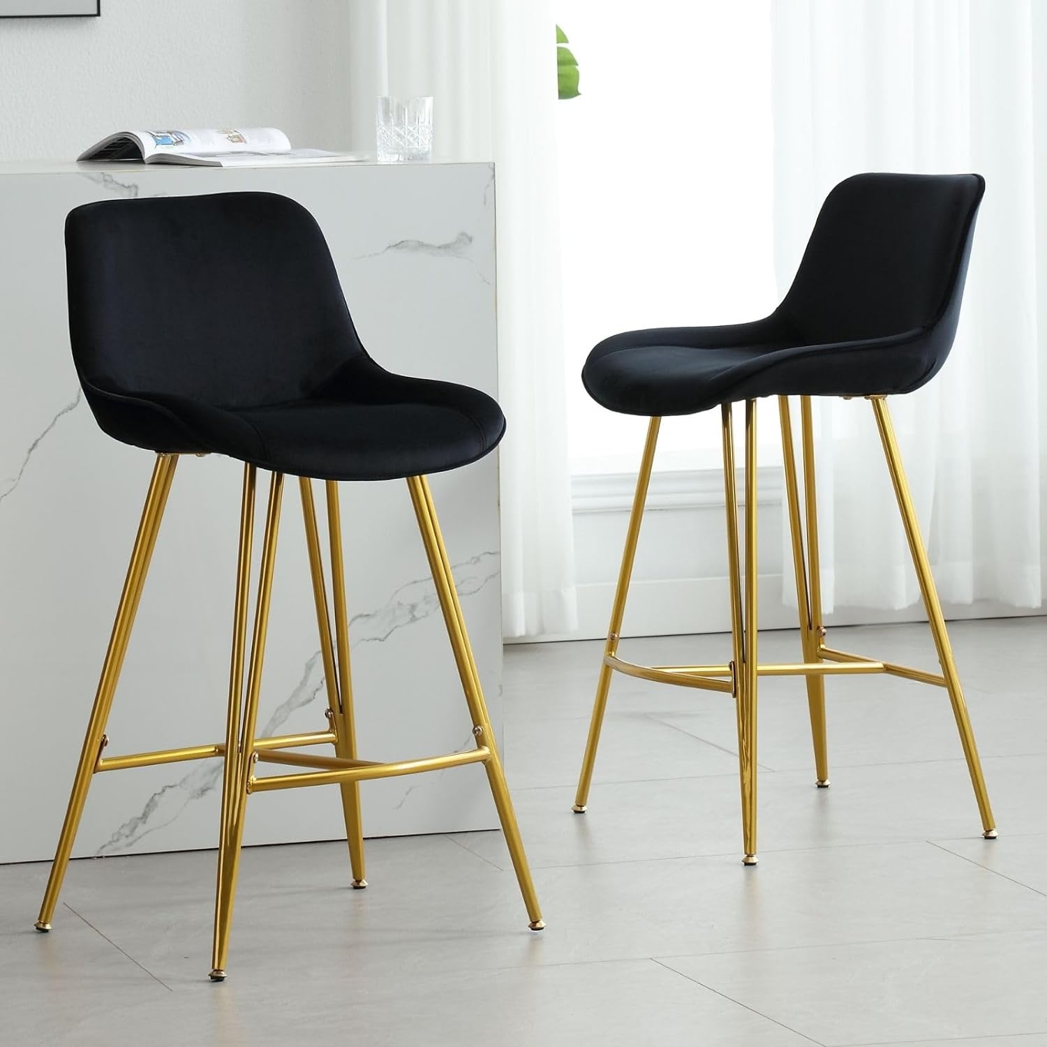 DUOMAY Modern Bar Stools Set of 2, 26 Counter Height Barstools, Velvet Armless Kitchen Island Counter Bar Chair with Golden Metal Legs for Kitchen Dining Room, Black